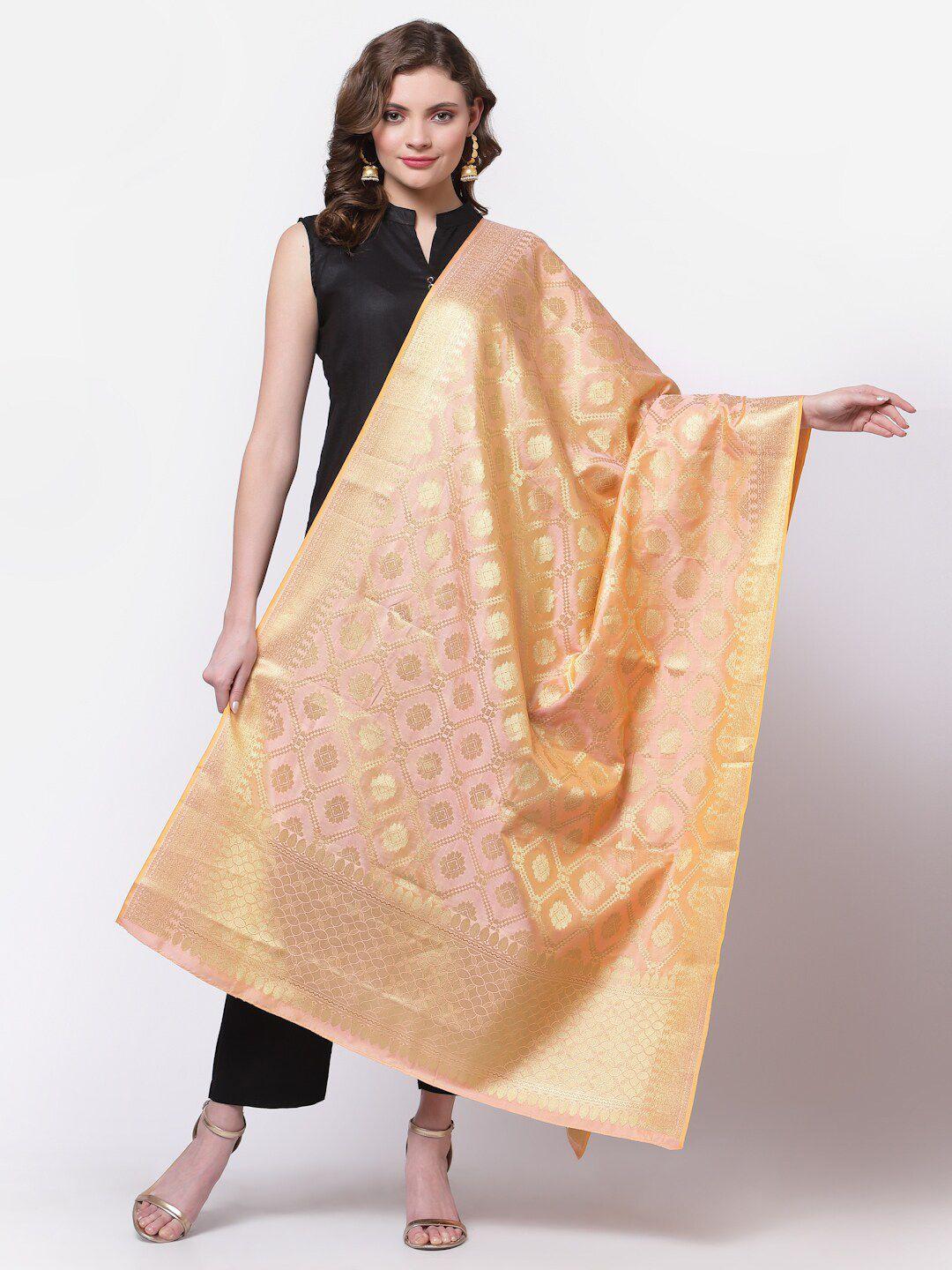 mf peach-coloured & gold-toned woven design art silk dupatta with zari