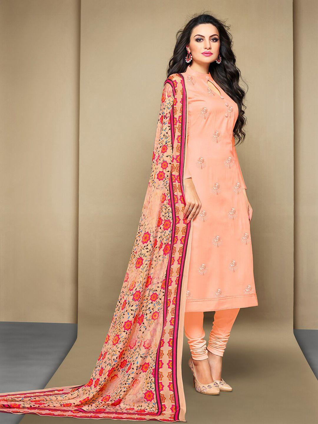 mf peach-coloured & pink embroidered unstitched dress material