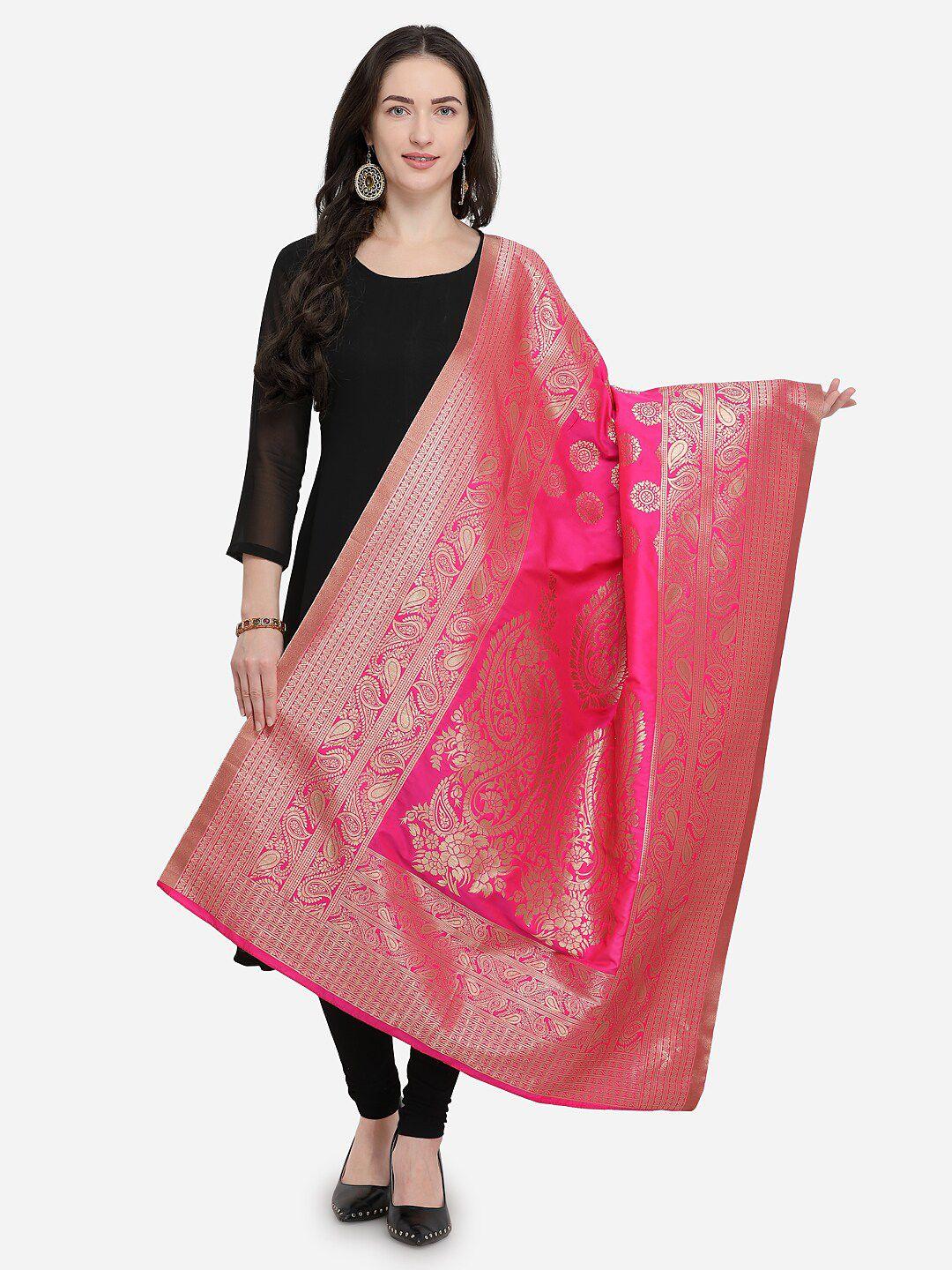 mf pink & gold-toned ethnic motifs woven design art silk dupatta with zari