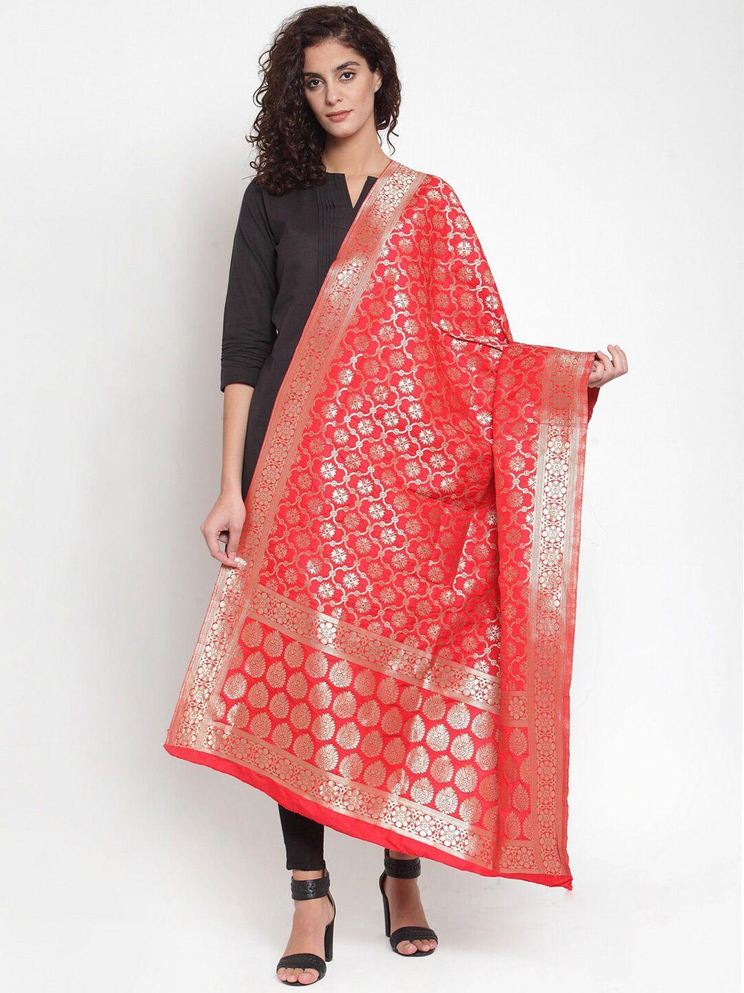 mf red & silver-coloured ethnic motifs woven design art silk dupatta with zari