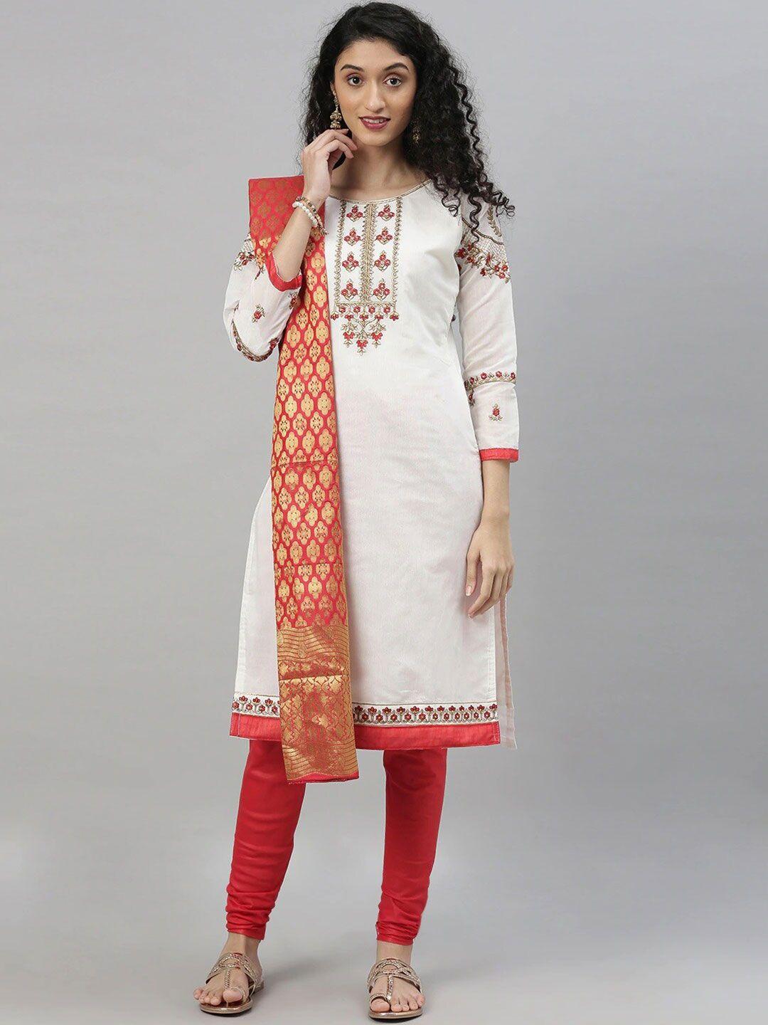 mf white & red embroidered unstitched dress material