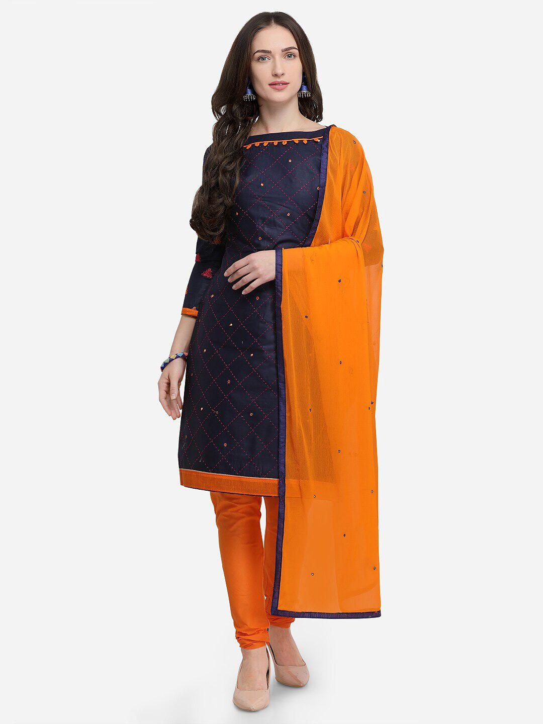 mf women blue & orange embroidered pure cotton unstitched dress material