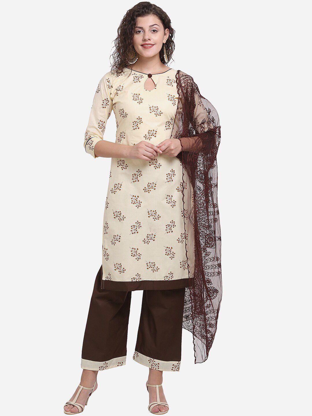 mf women cream-coloured & brown printed pure cotton unstitched dress material
