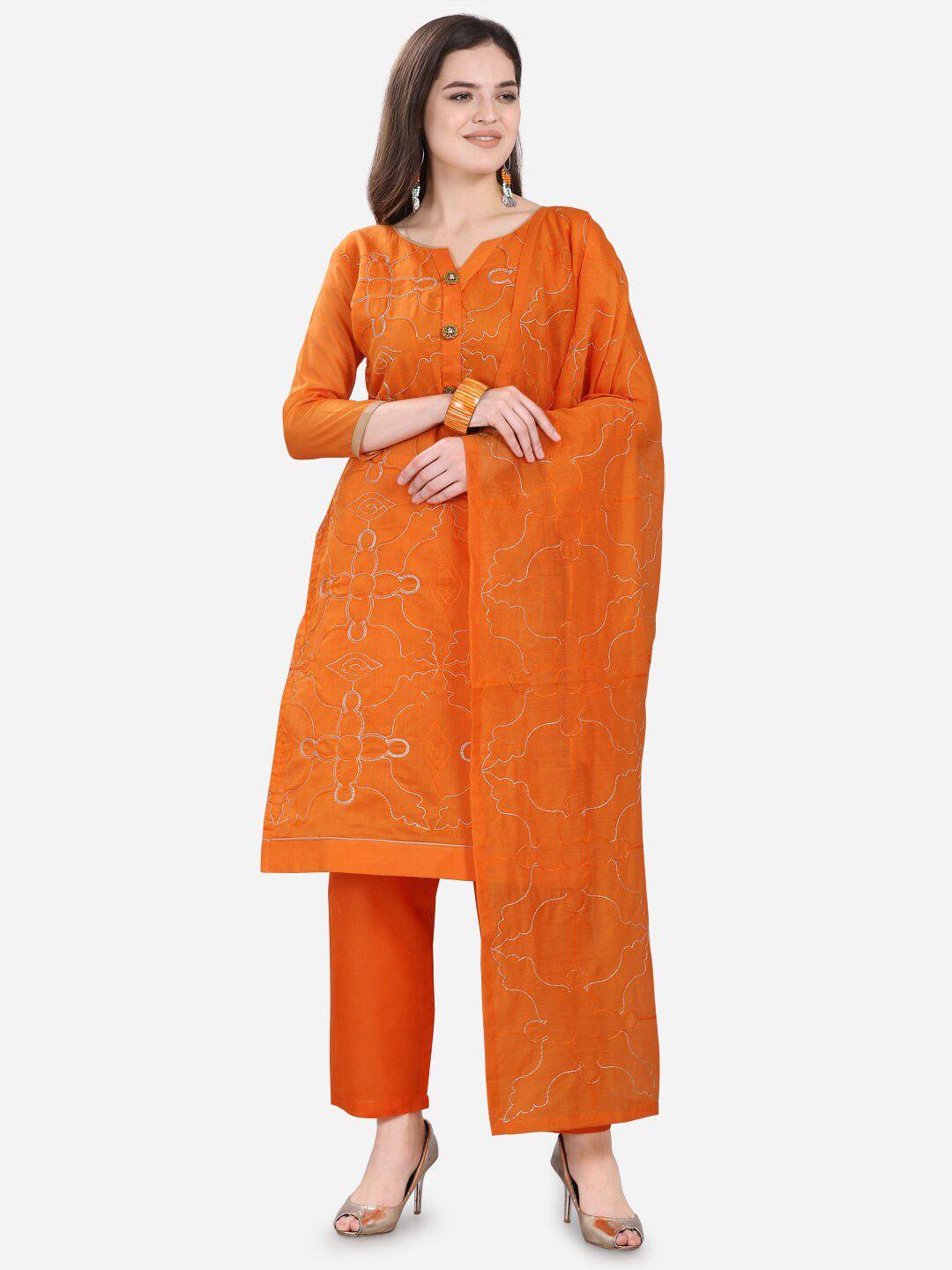 mf women orange embroidered unstitched dress material