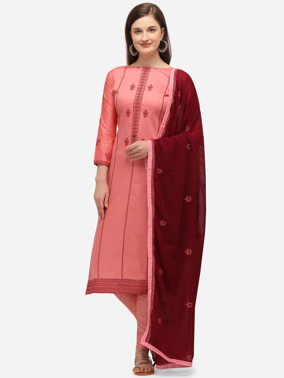 mf women pink & maroon embroidered unstitched dress material