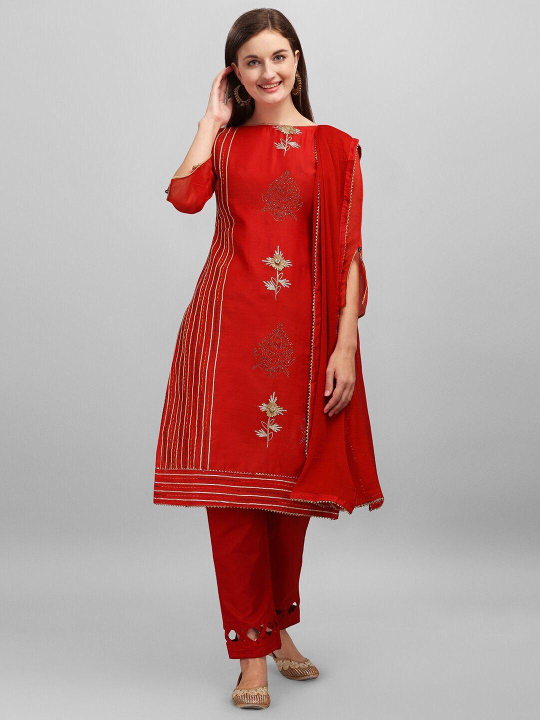 mf women red & gold-toned embellished unstitched dress material