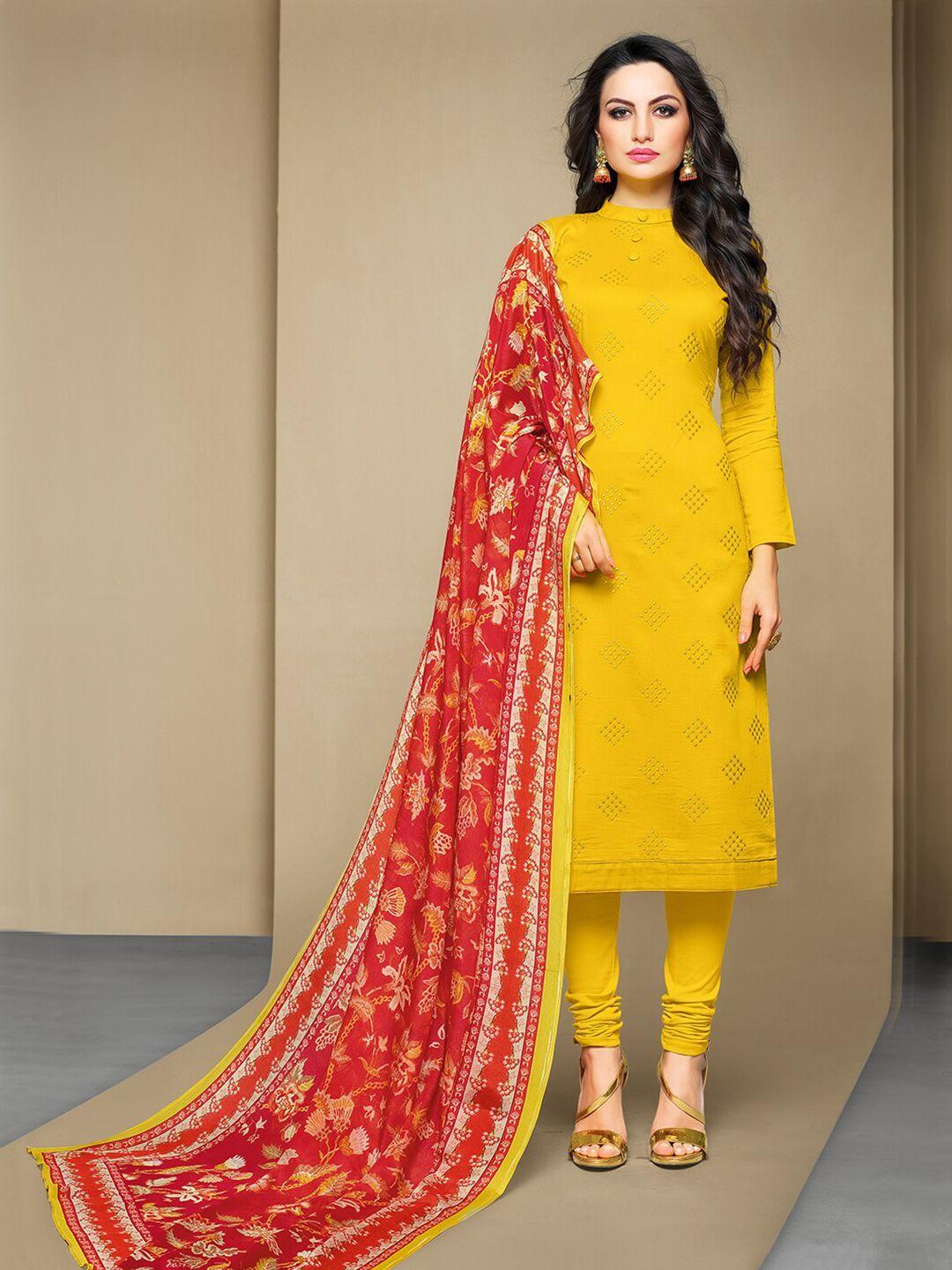 mf yellow & red unstitched embroidered dress material