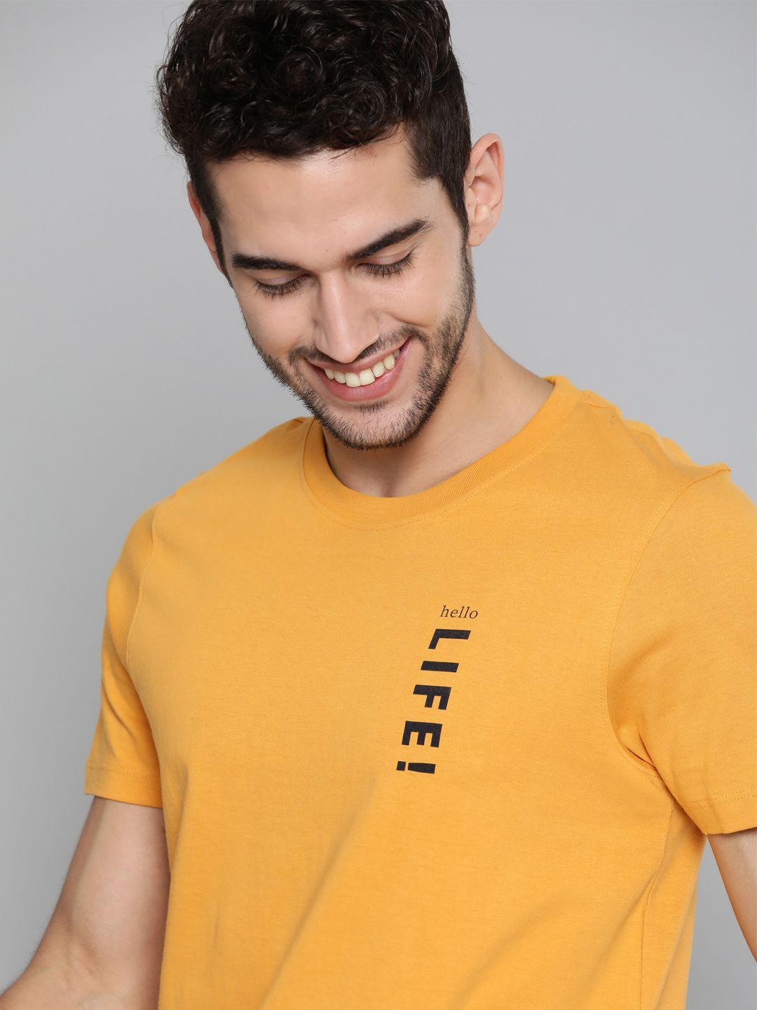 mh easy men mustard yellow solid round neck pure cotton t-shirt with printed detail