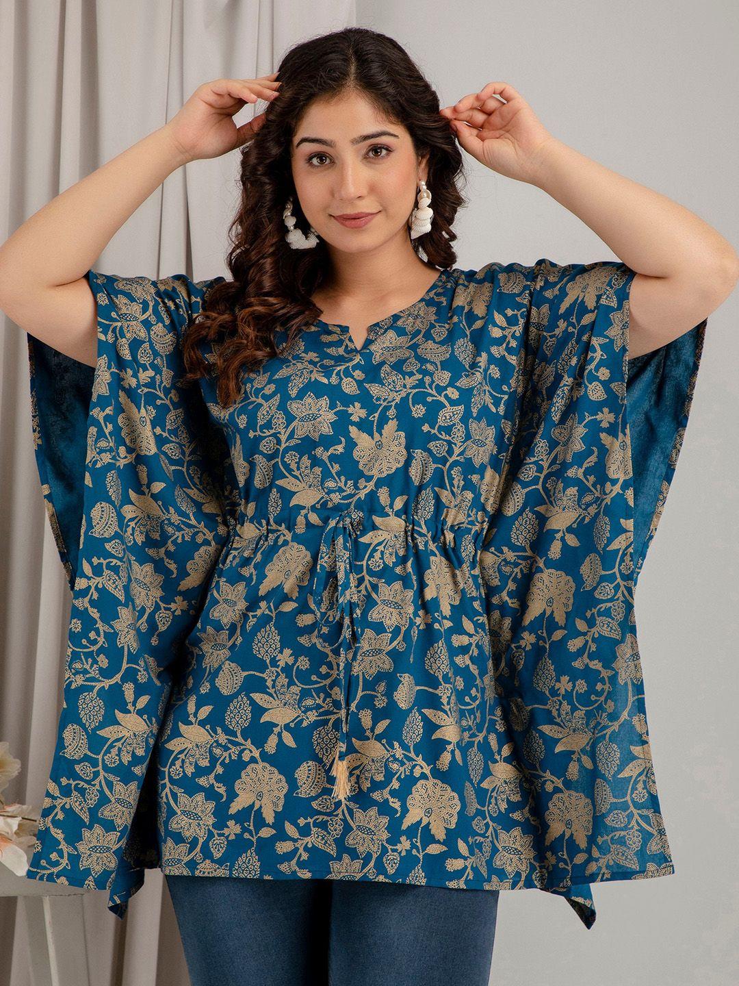 mialo fashion ethnic motifs foil printed flared sleeves kaftan kurti