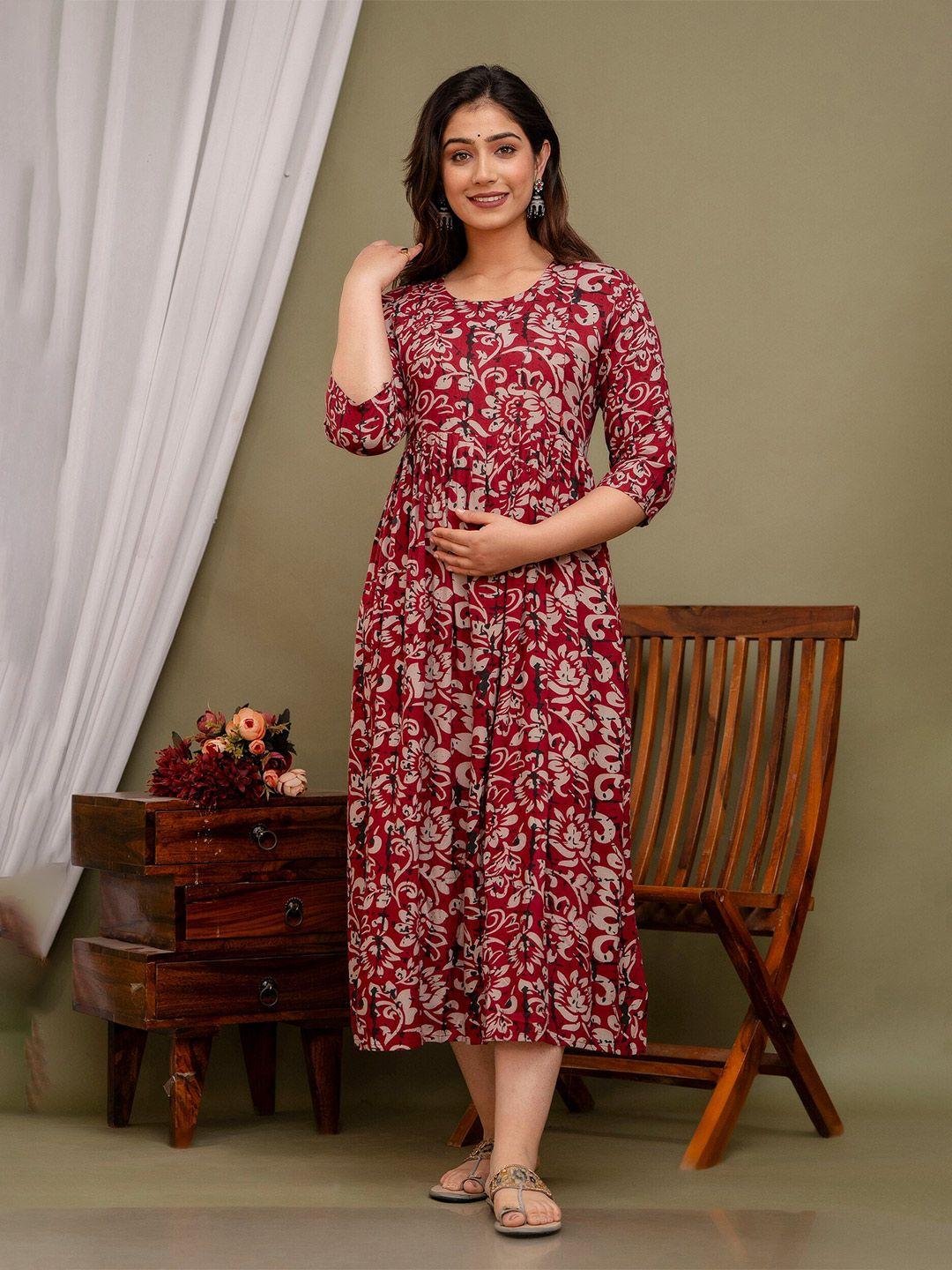 mialo fashion floral printed round neck pleated a-line maternity dress