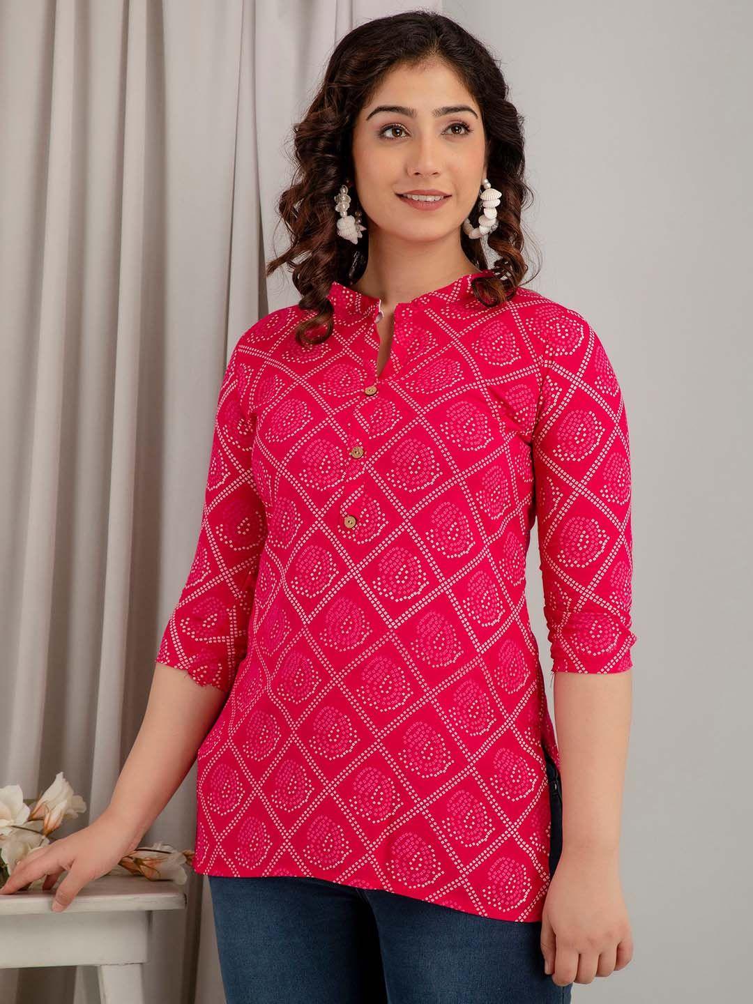 mialo fashion bandhani printed mandarin collar straight kurti