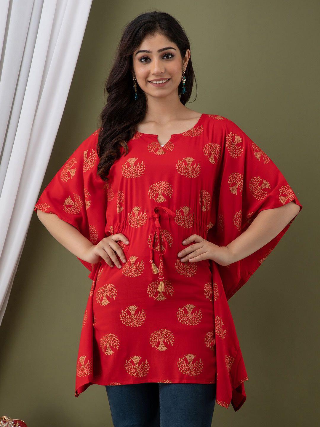 mialo fashion ethnic motif printed notched neck kaftan kurti