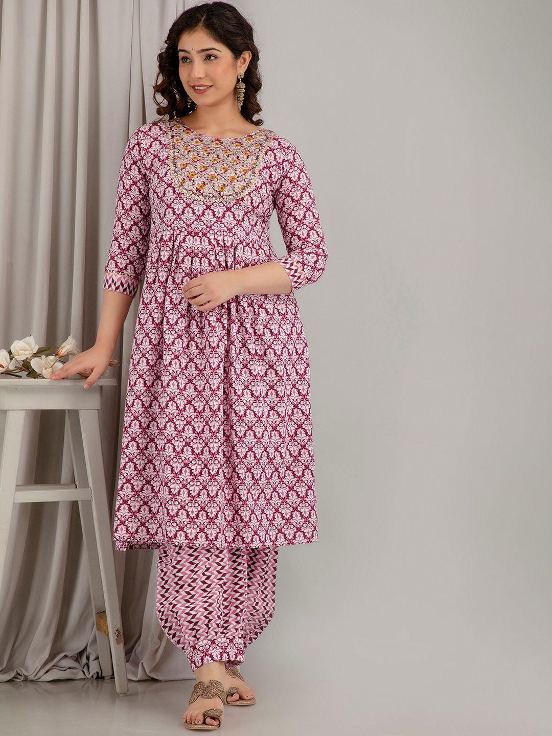 mialo fashion ethnic motif printed thread work anarkali kurta with salwar