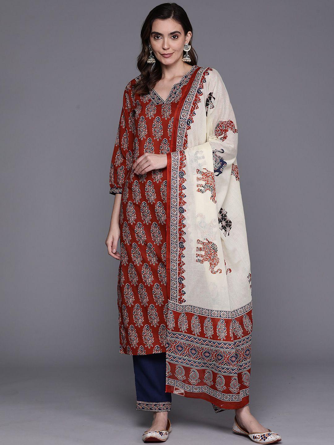 mialo fashion women maroon ethnic motifs printed pleated thread work kurta with pyjamas & with dupatta