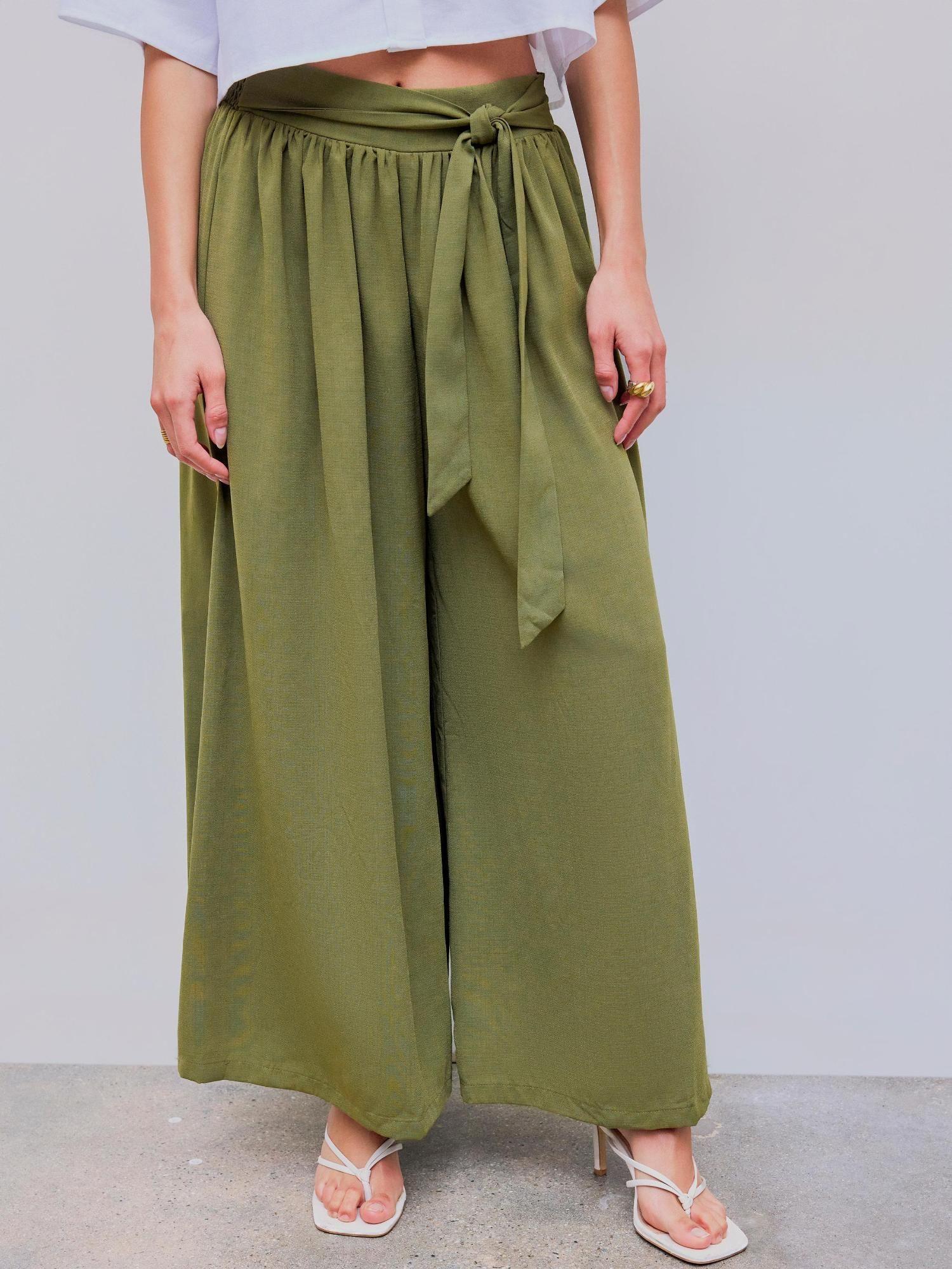 miami sunset vacation linen-blend high rise bowknot shirred wide leg trousers