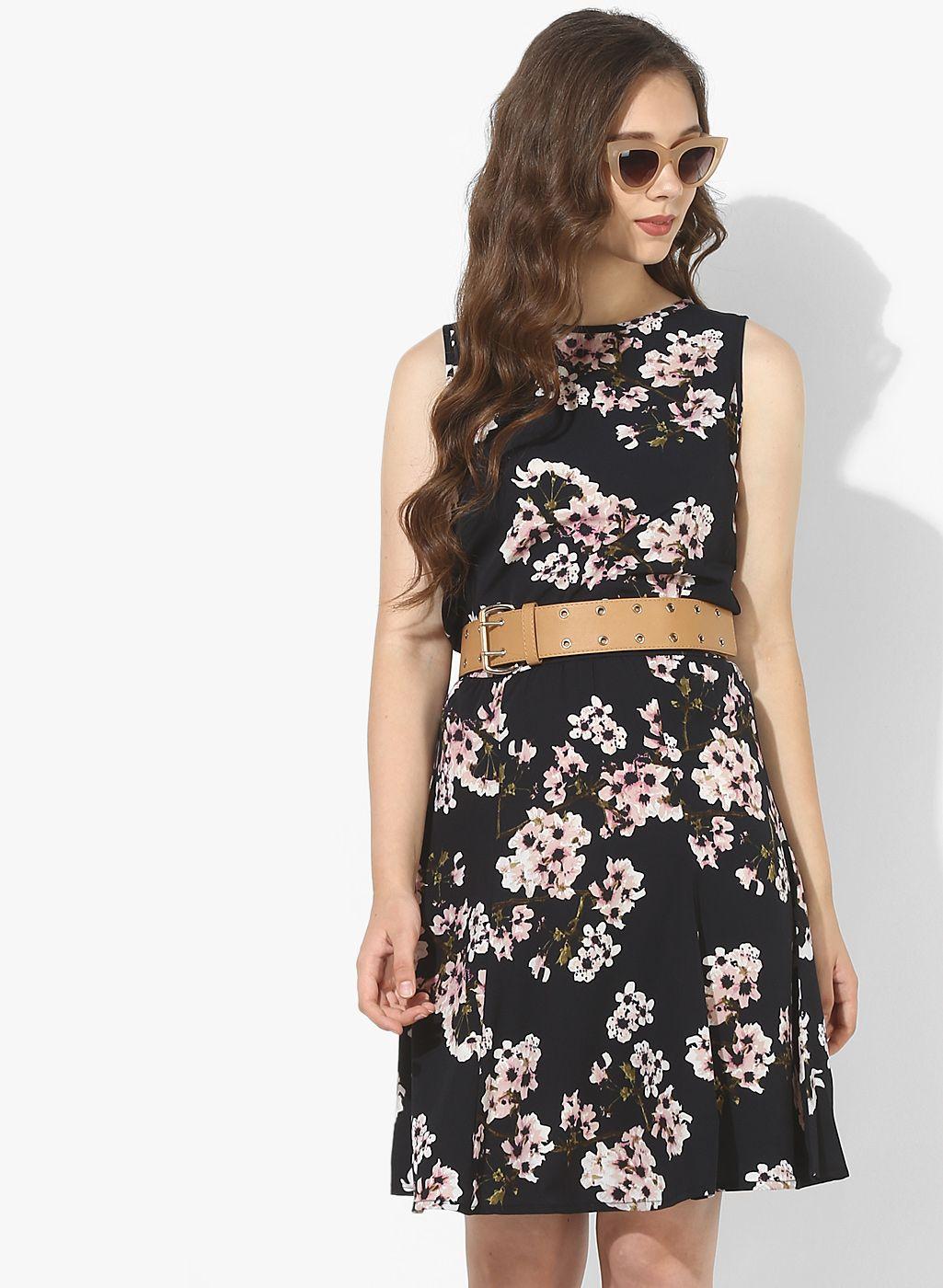 miaminx women black printed a-line dress