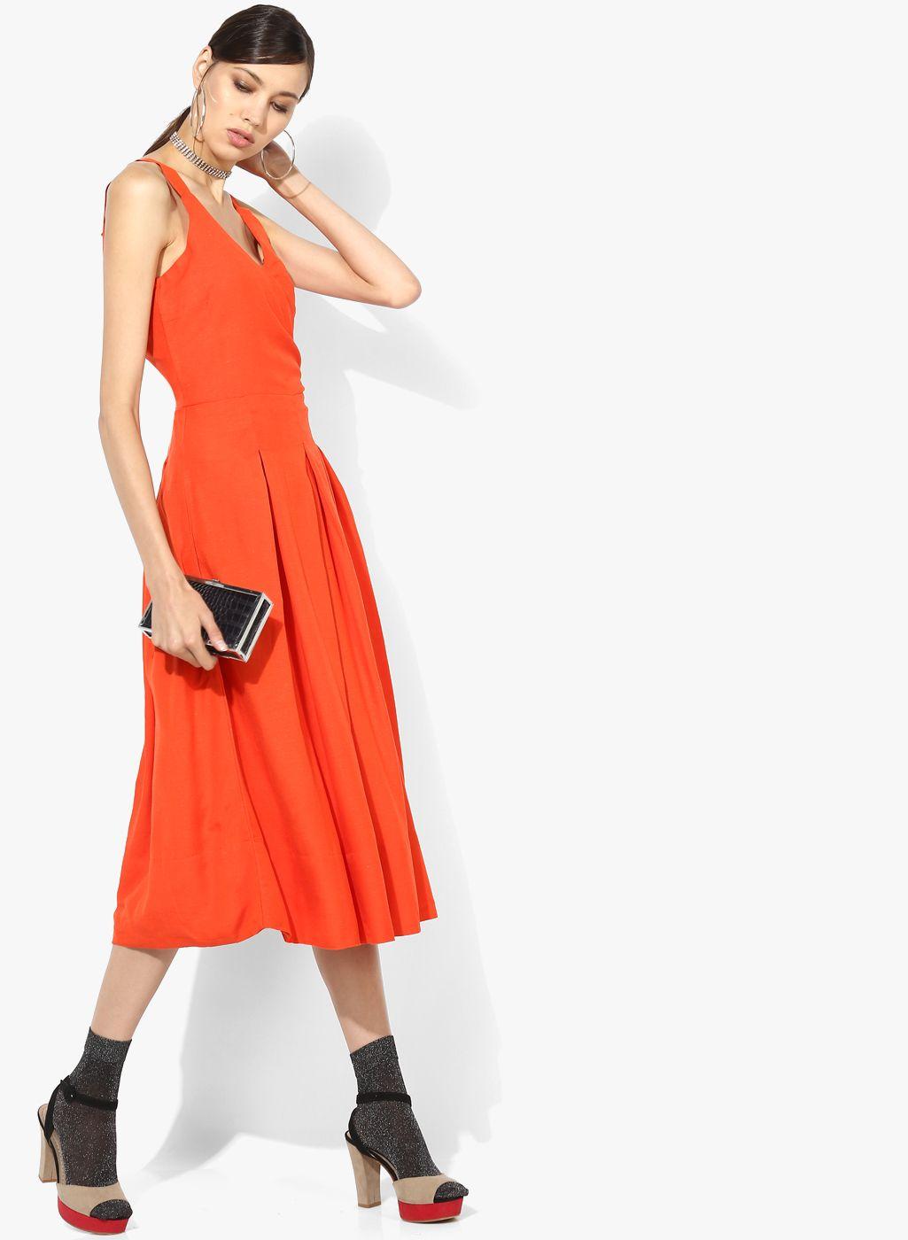 miaminx women orange solid fit and flare dress