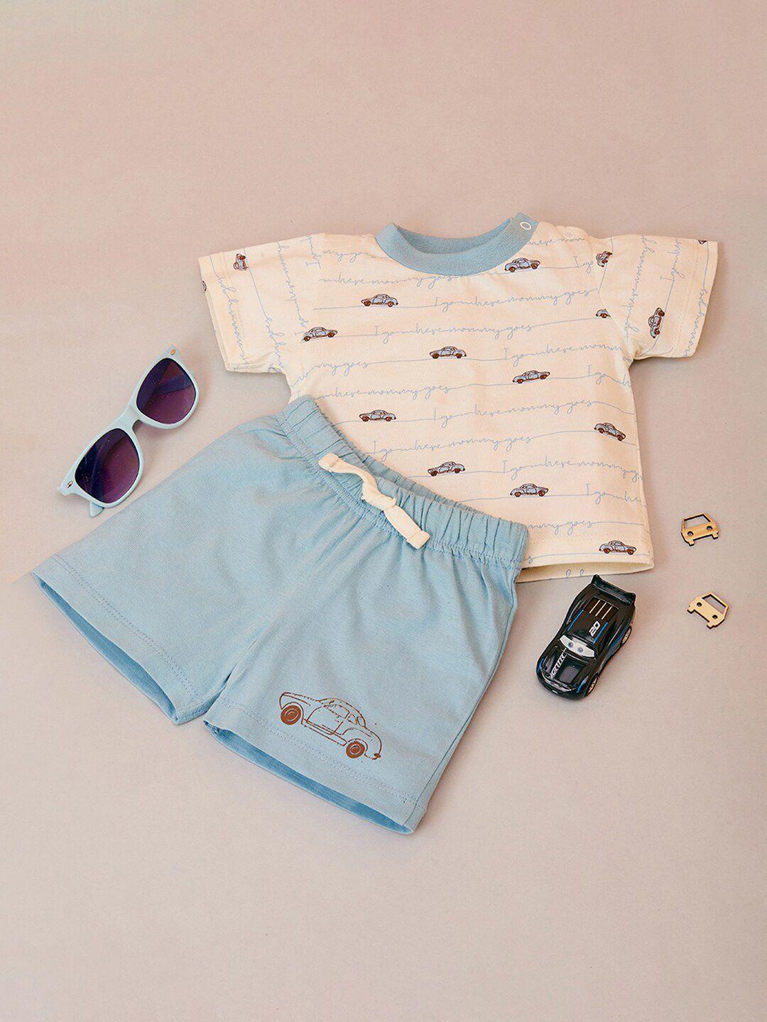 miarcus boys cream-coloured & blue printed pure cotton t-shirt with shorts