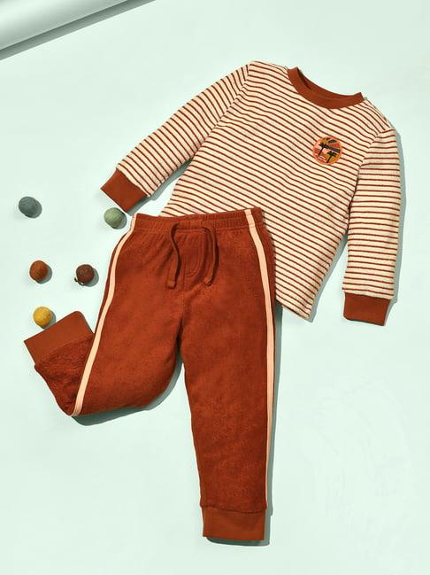 miarcus kids rust striped full sleeves t-shirt with pyjamas