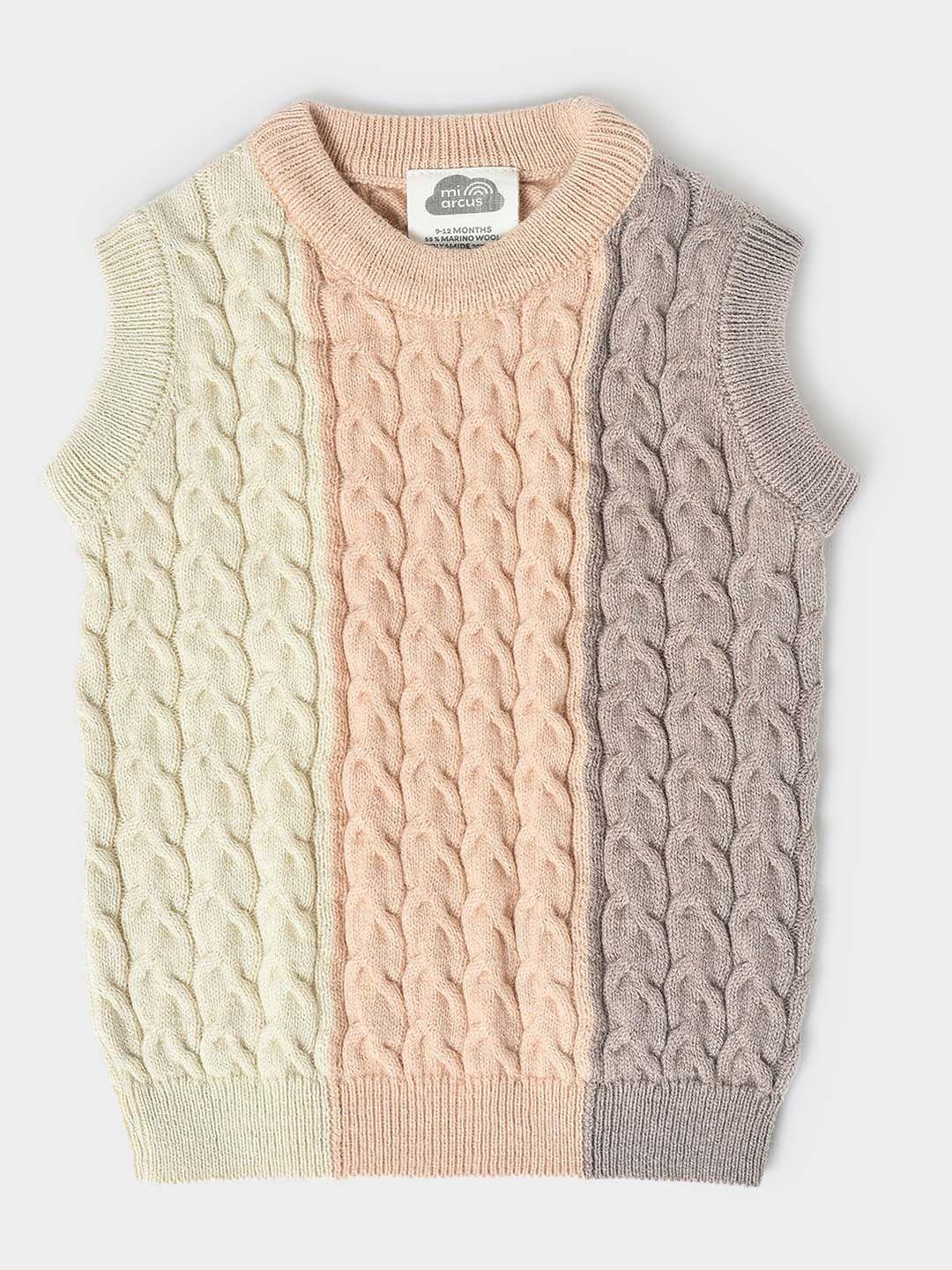 miarcus unisex kids cream-coloured & grey cable knit woollen sweater vest