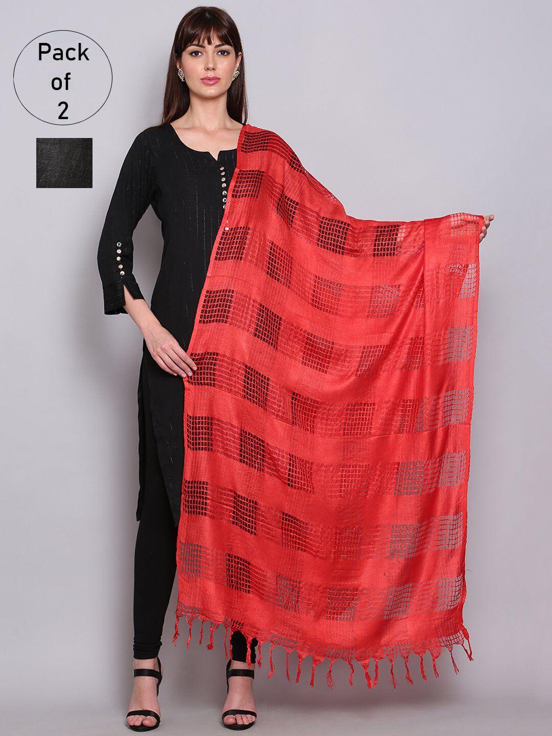 miaz lifestyle set of 2 black & red woven design viscose rayon dupatta