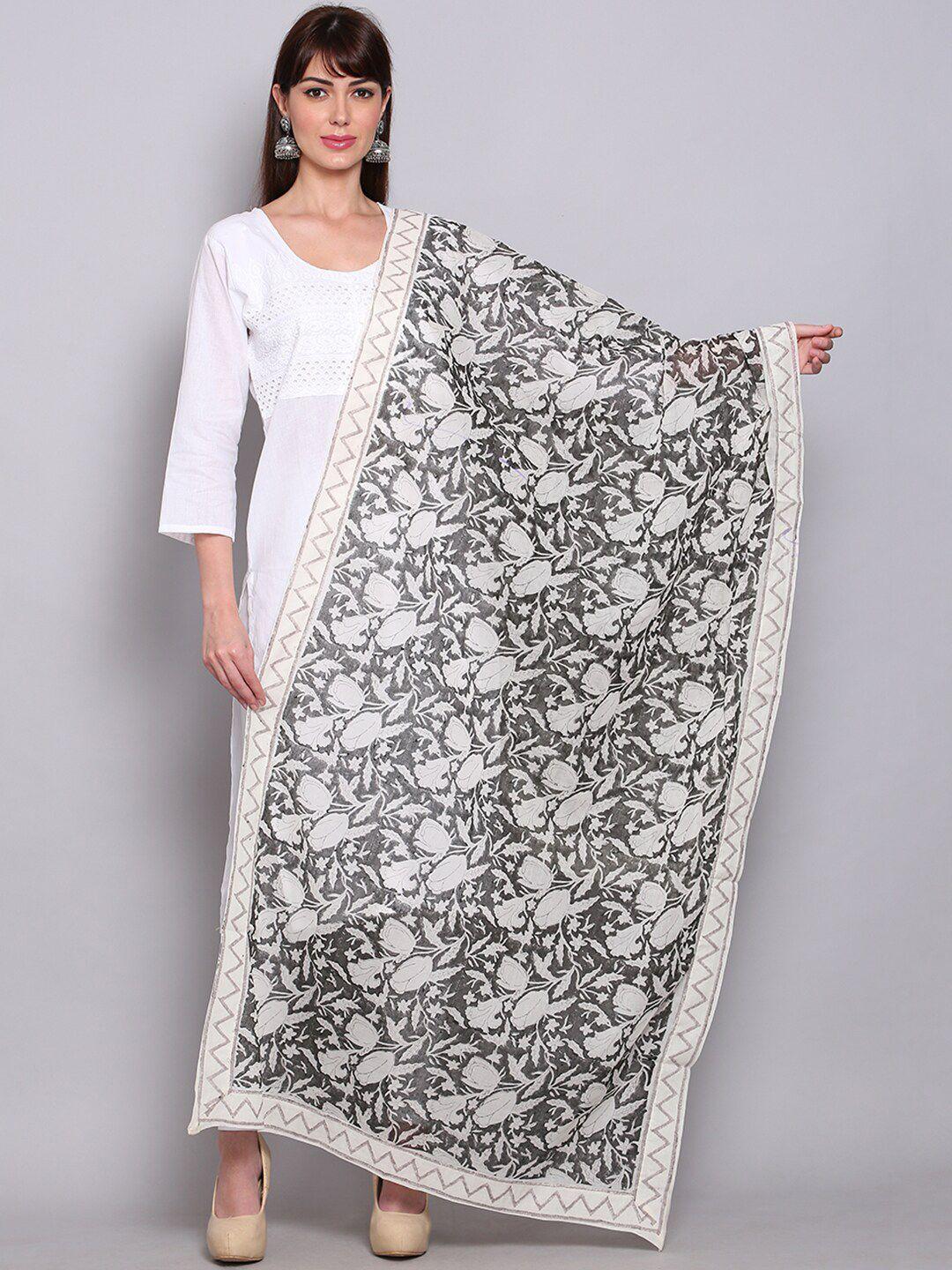 miaz lifestyle white & black ethnic motifs printed cotton silk block print dupatta