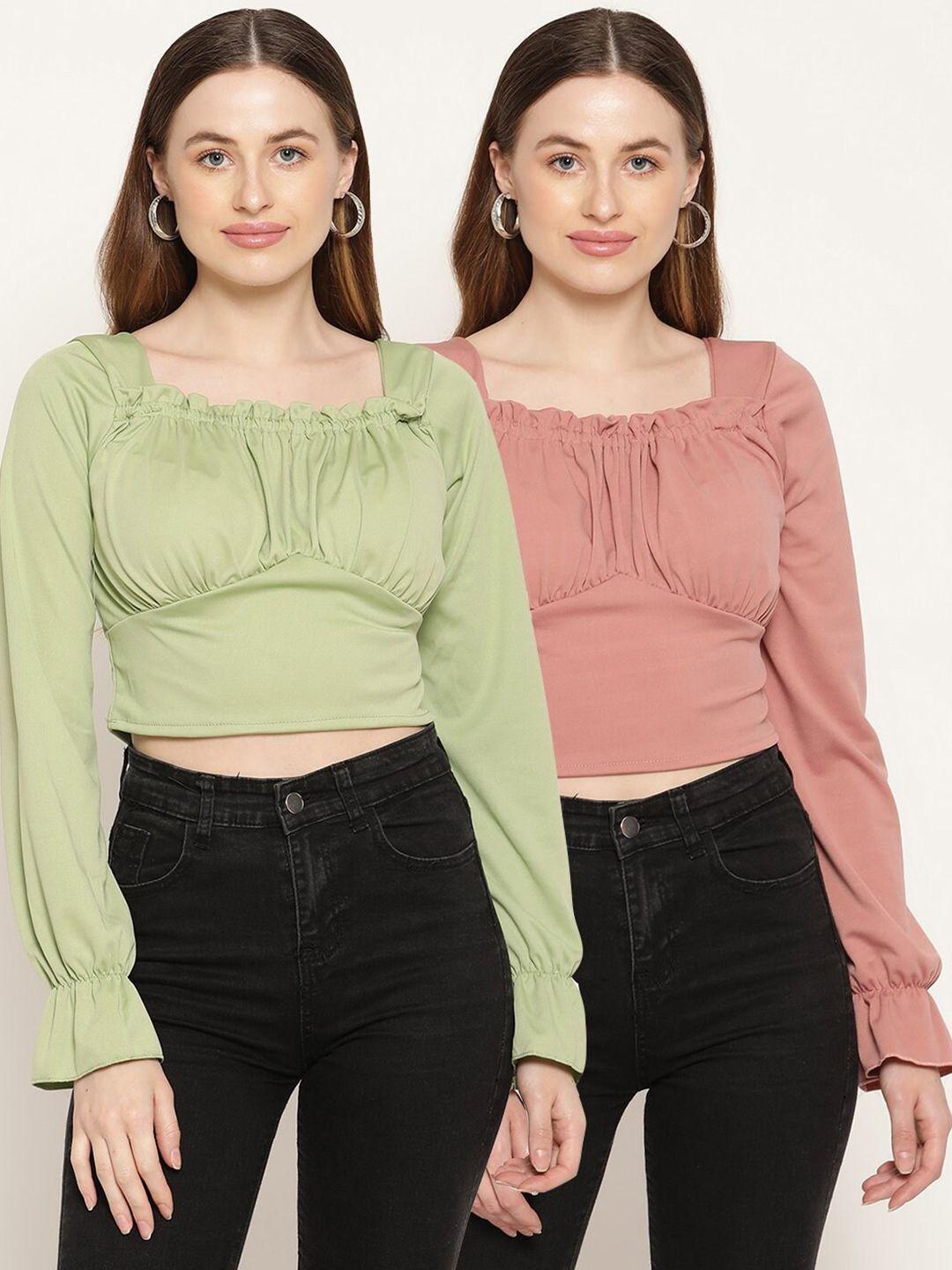 miaz lifestyle women green & peach-coloured set of 2 crop top