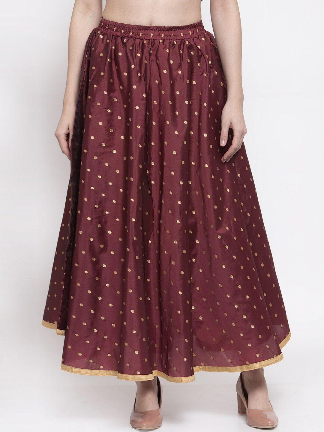miaz lifestyle women maroon & gold-colored printed a-line flared maxi skirt