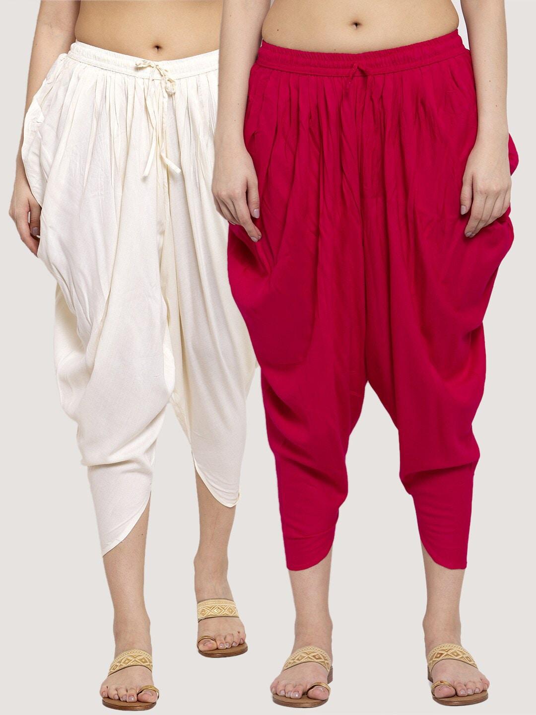 miaz lifestyle women pack of 2 pink & off white solid dhoti salwar