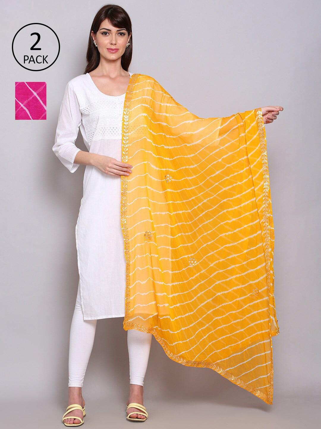 miaz lifestyle yellow & pink printed leheriya dupatta with chikankari