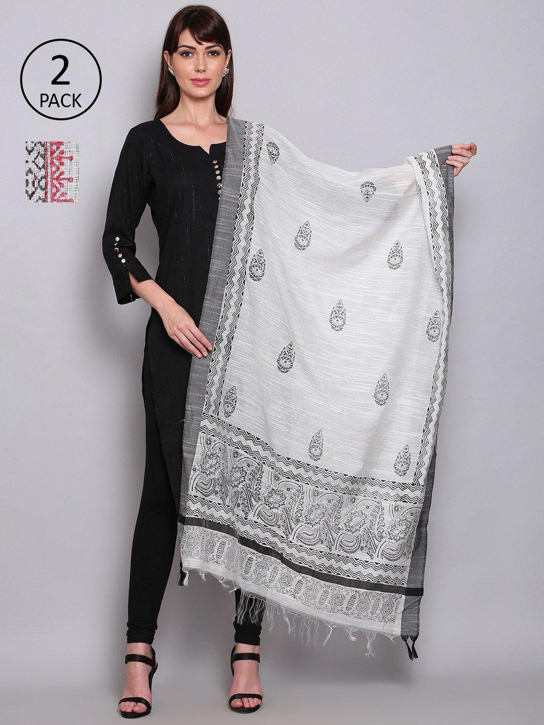 miaz lifestyle 2 women white & grey ethnic motifs woven design cotton dupatta