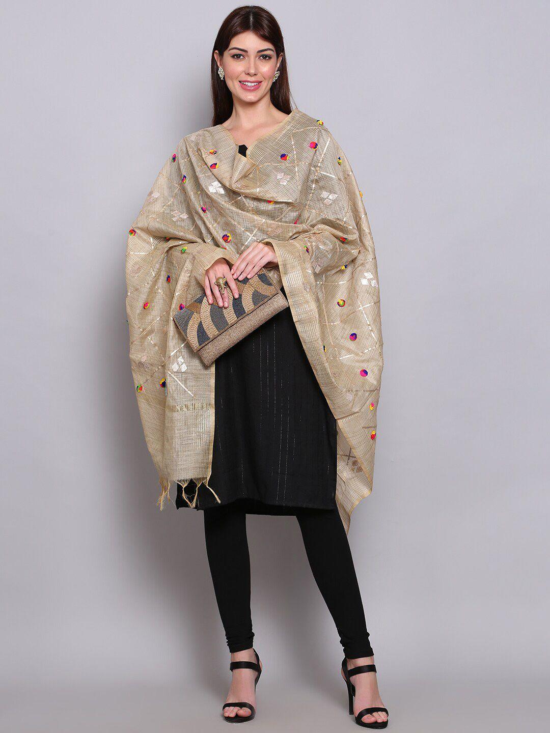 miaz lifestyle beige & blue ethnic motifs woven design kalamkari dupatta