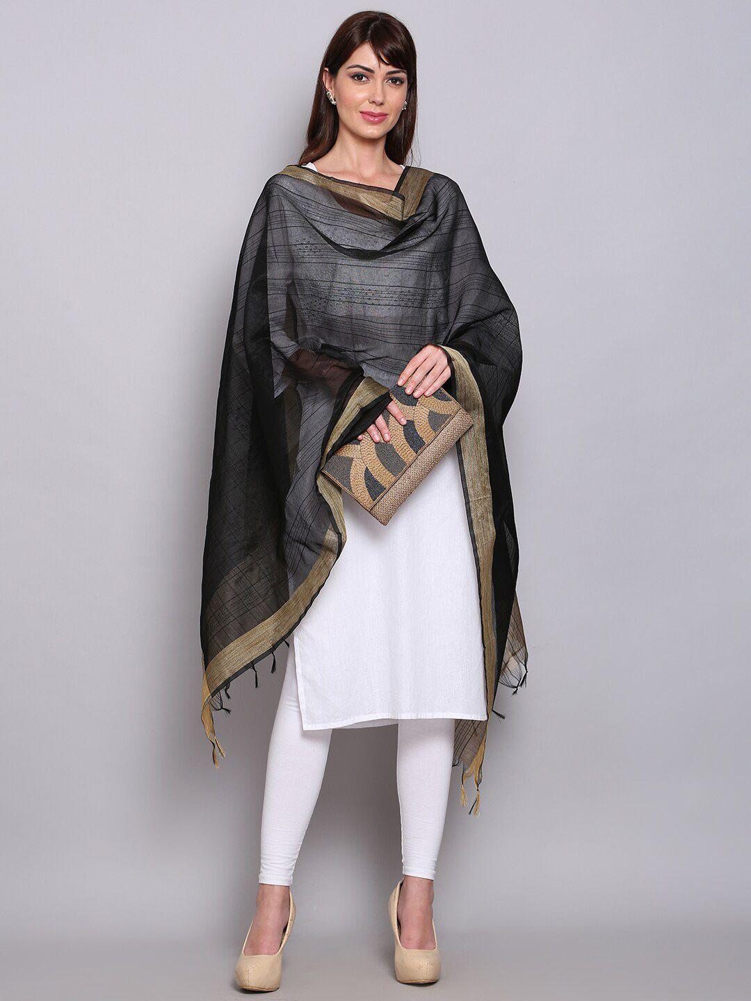 miaz lifestyle black & gold-toned striped art silk dupatta