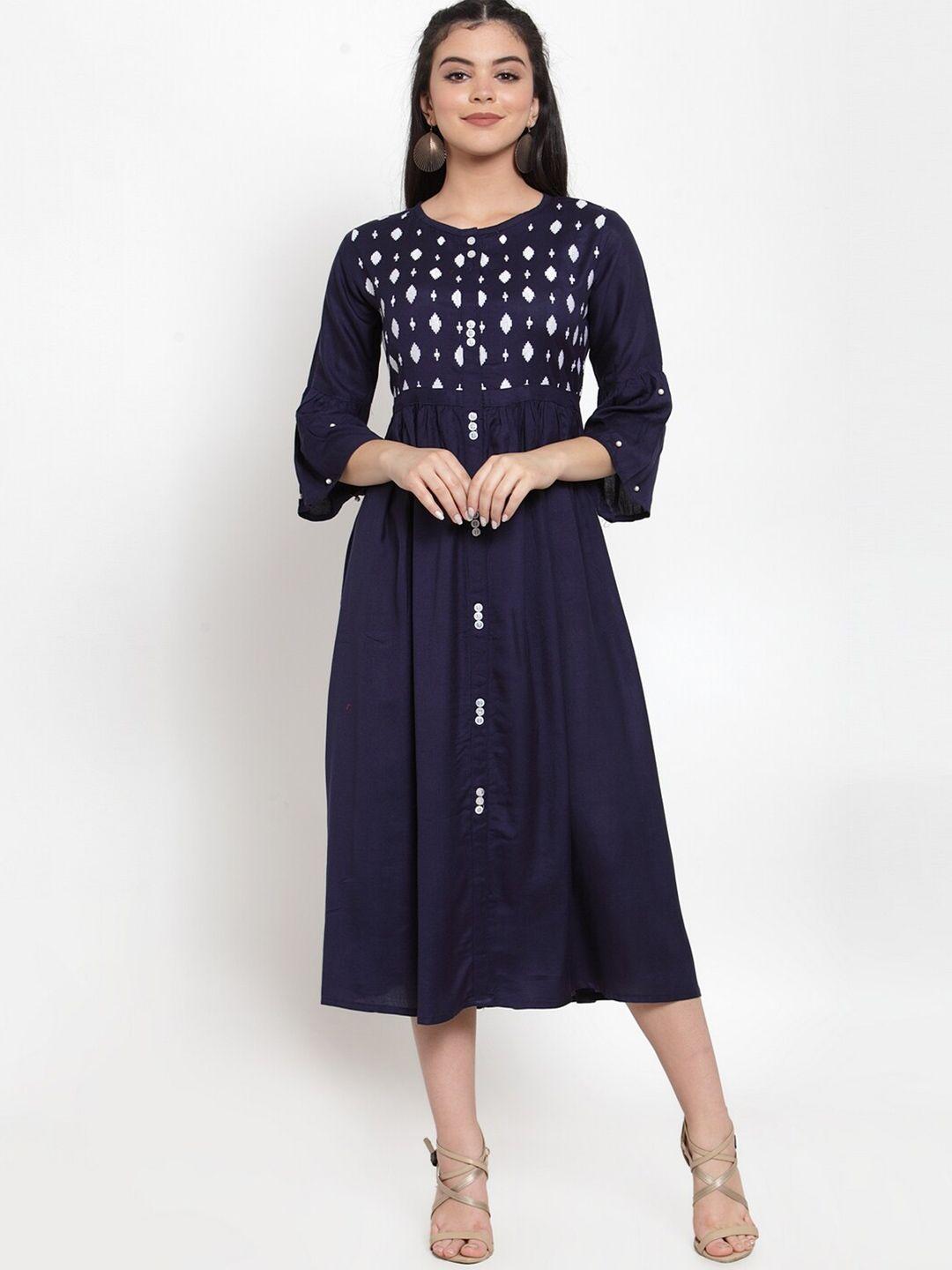 miaz lifestyle geometric embroidered bell sleeves fit & flare midi dress