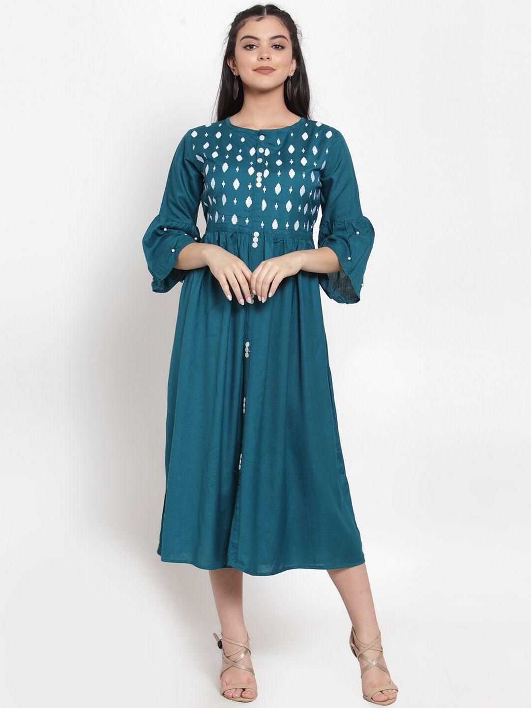 miaz lifestyle geometric embroidered bell sleeves fit & flare midi dress