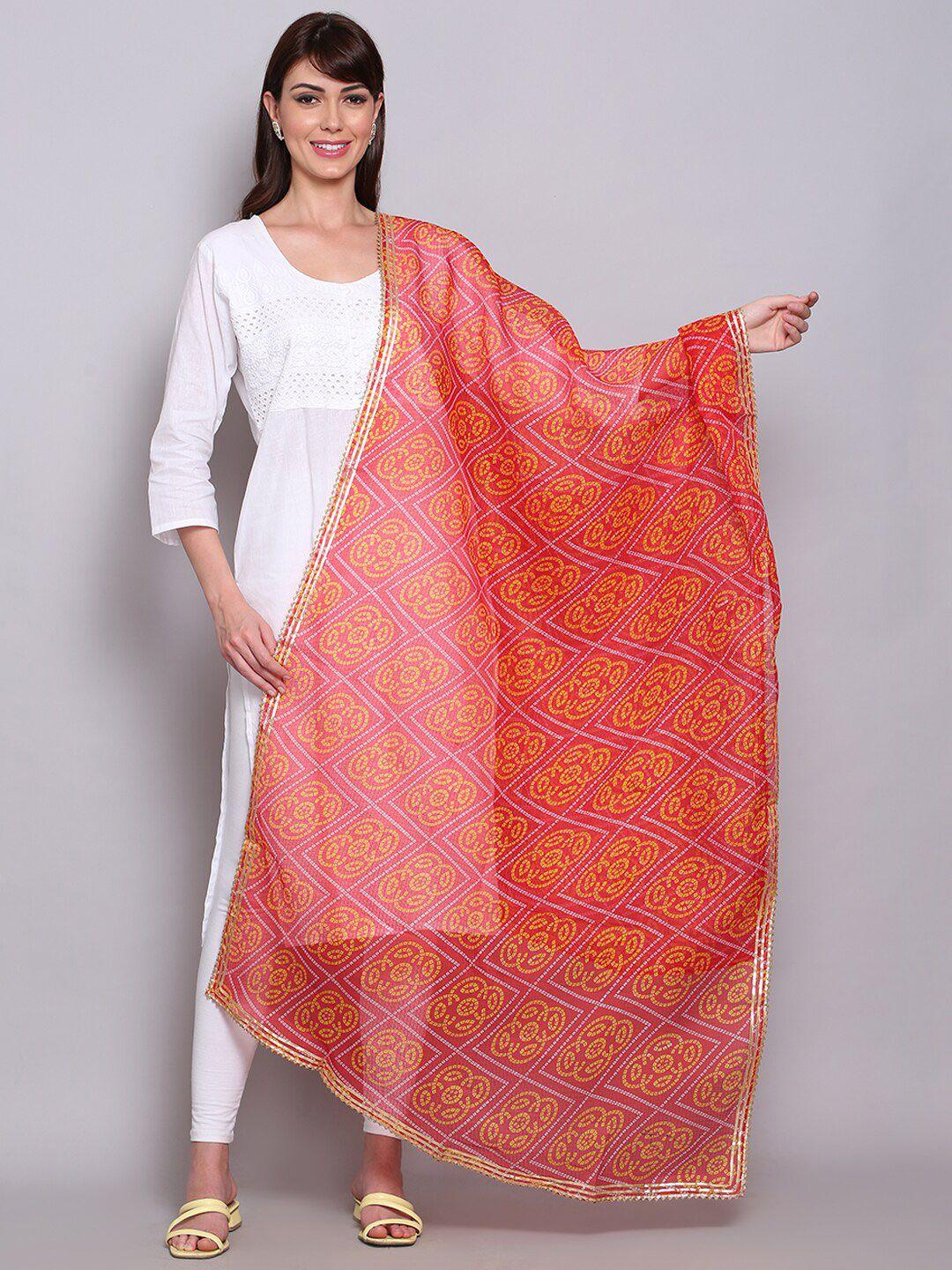 miaz lifestyle mustard & orange printed cotton silk bandhani dupatta