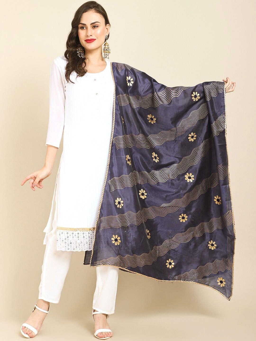 miaz lifestyle navy blue & gold-toned embroidered art silk dupatta with gotta patti