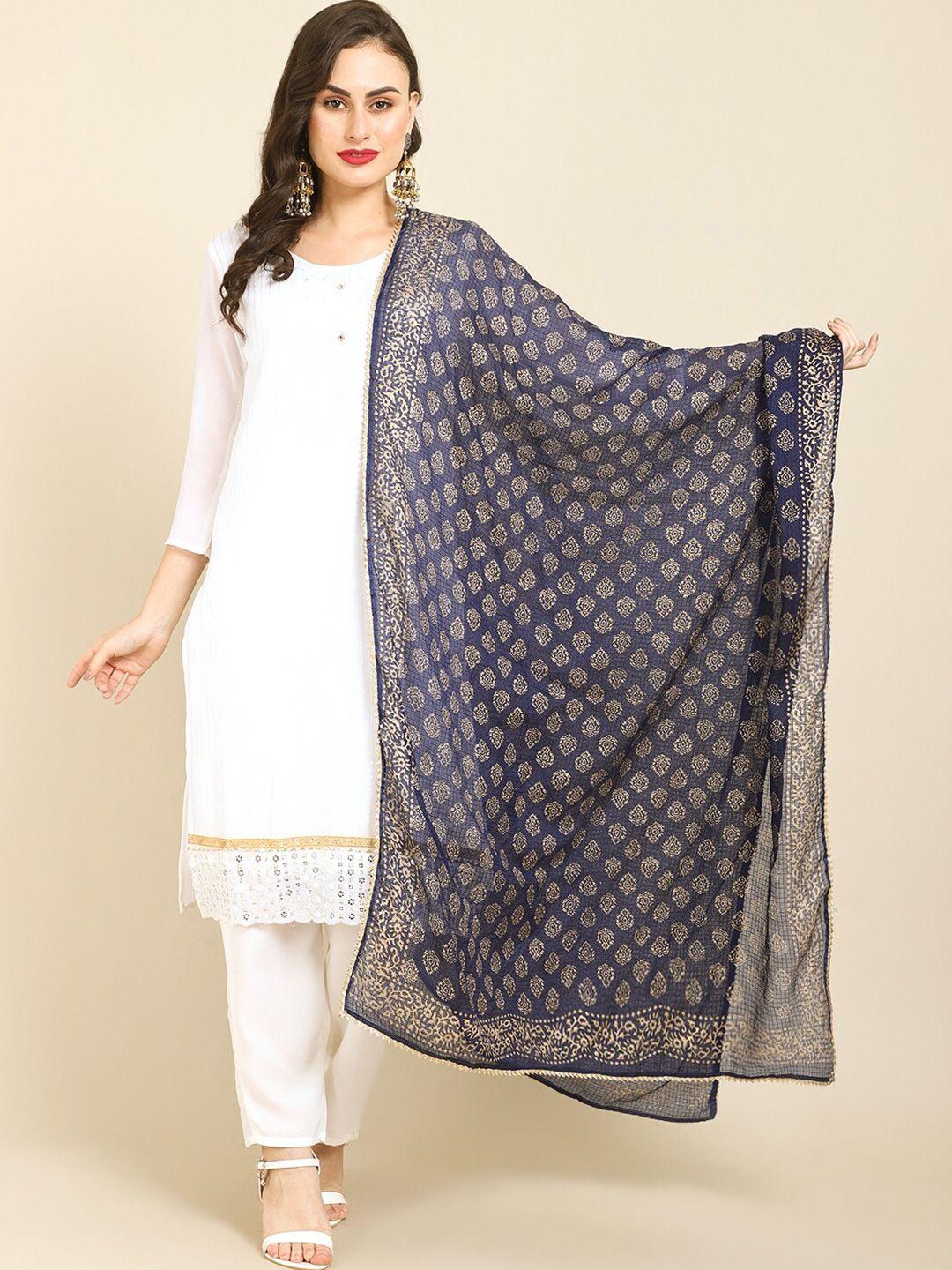 miaz lifestyle navy blue & gold-toned printed art silk bandhani dupatta with gotta patti