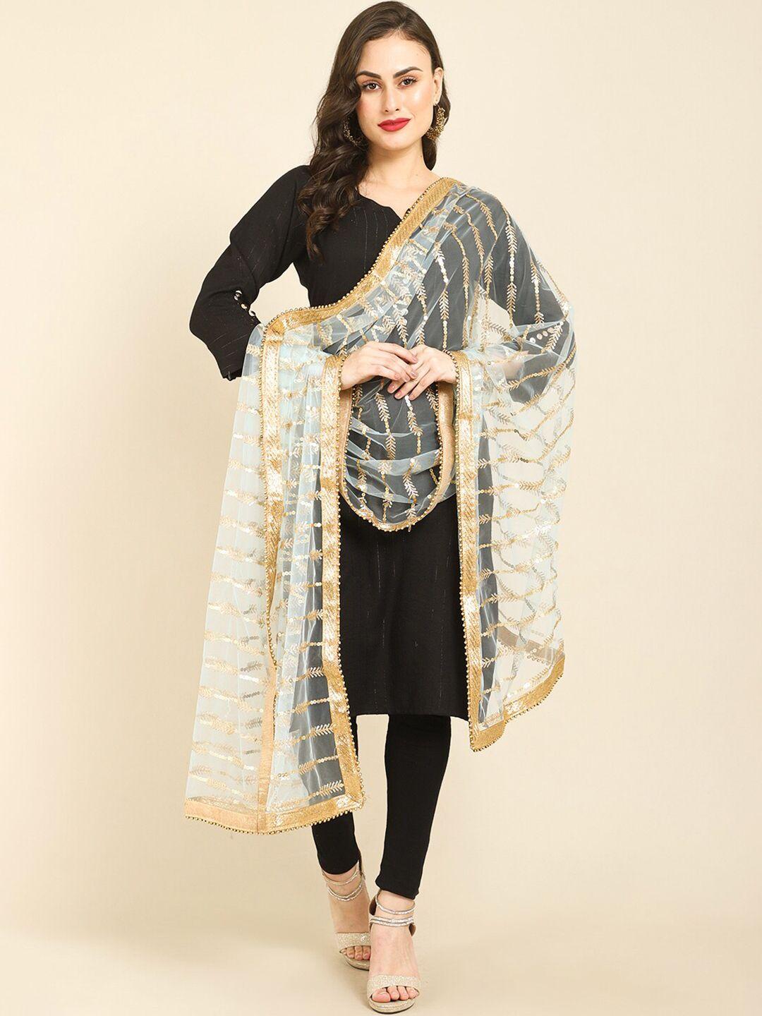 miaz lifestyle off white & gold-toned embroidered leheriya dupatta with sequinned