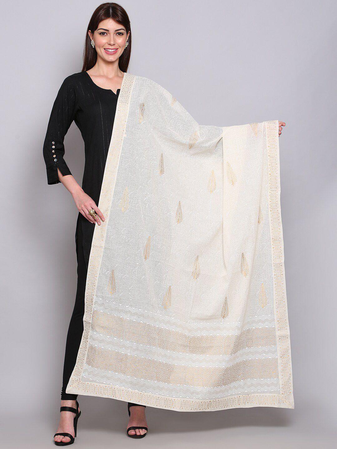 miaz lifestyle off white & gold-toned ethnic motifs printed pure cotton dupatta