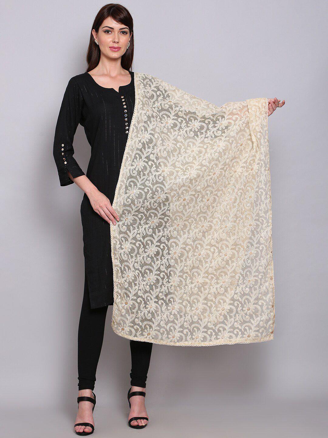 miaz lifestyle off white embroidered  chikankari cotton silk dupatta