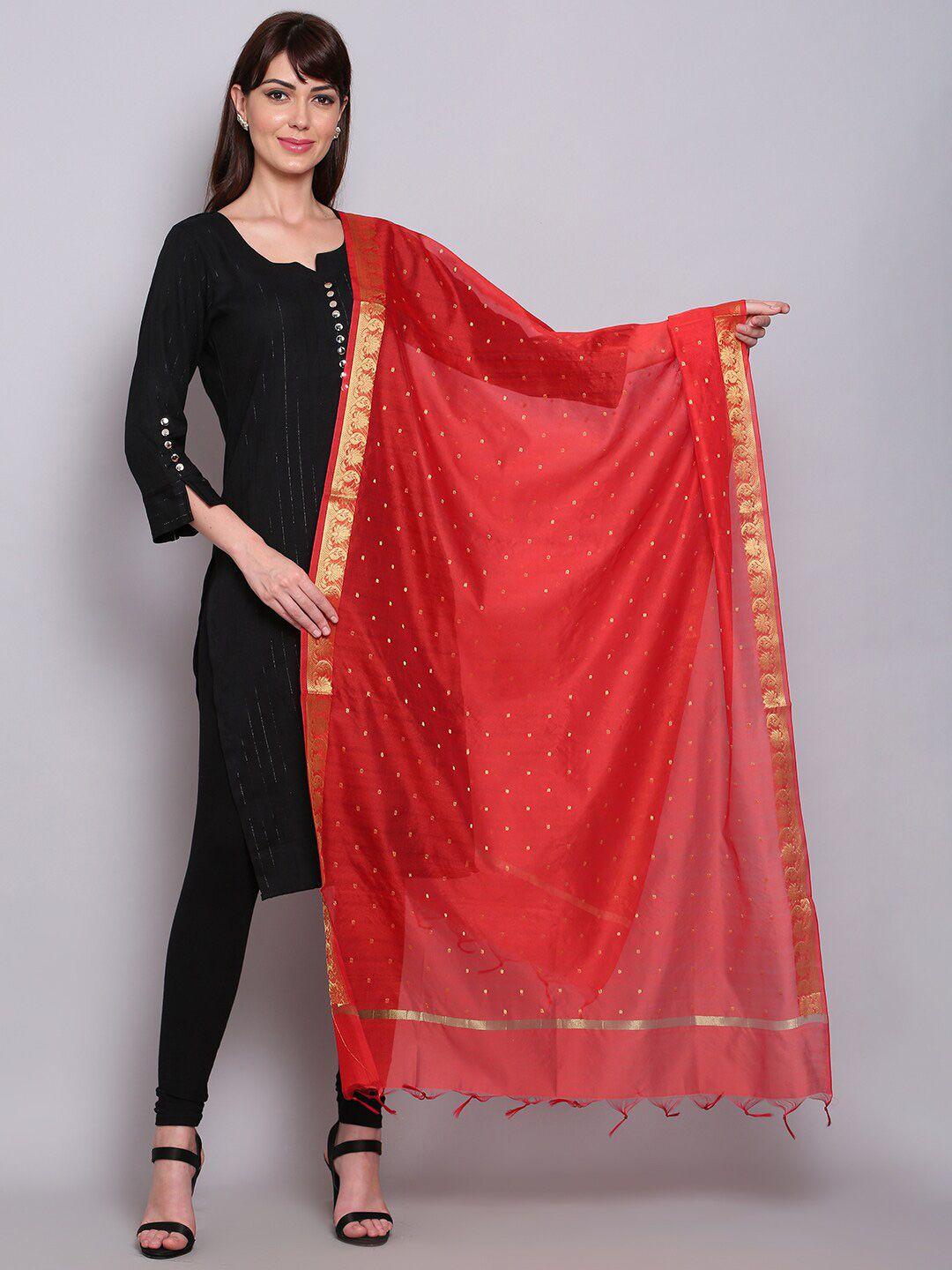 miaz lifestyle red & gold-toned ethnic motifs batik dupatta with chikankari