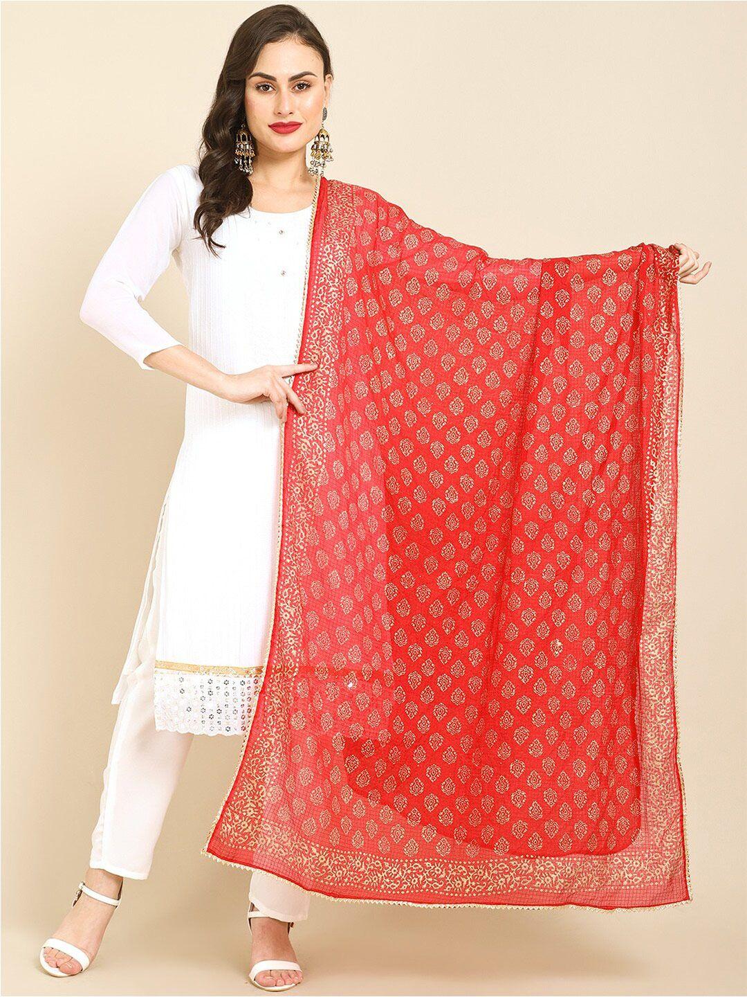 miaz lifestyle red & gold-toned printed art silk bandhani dupatta with chikankari
