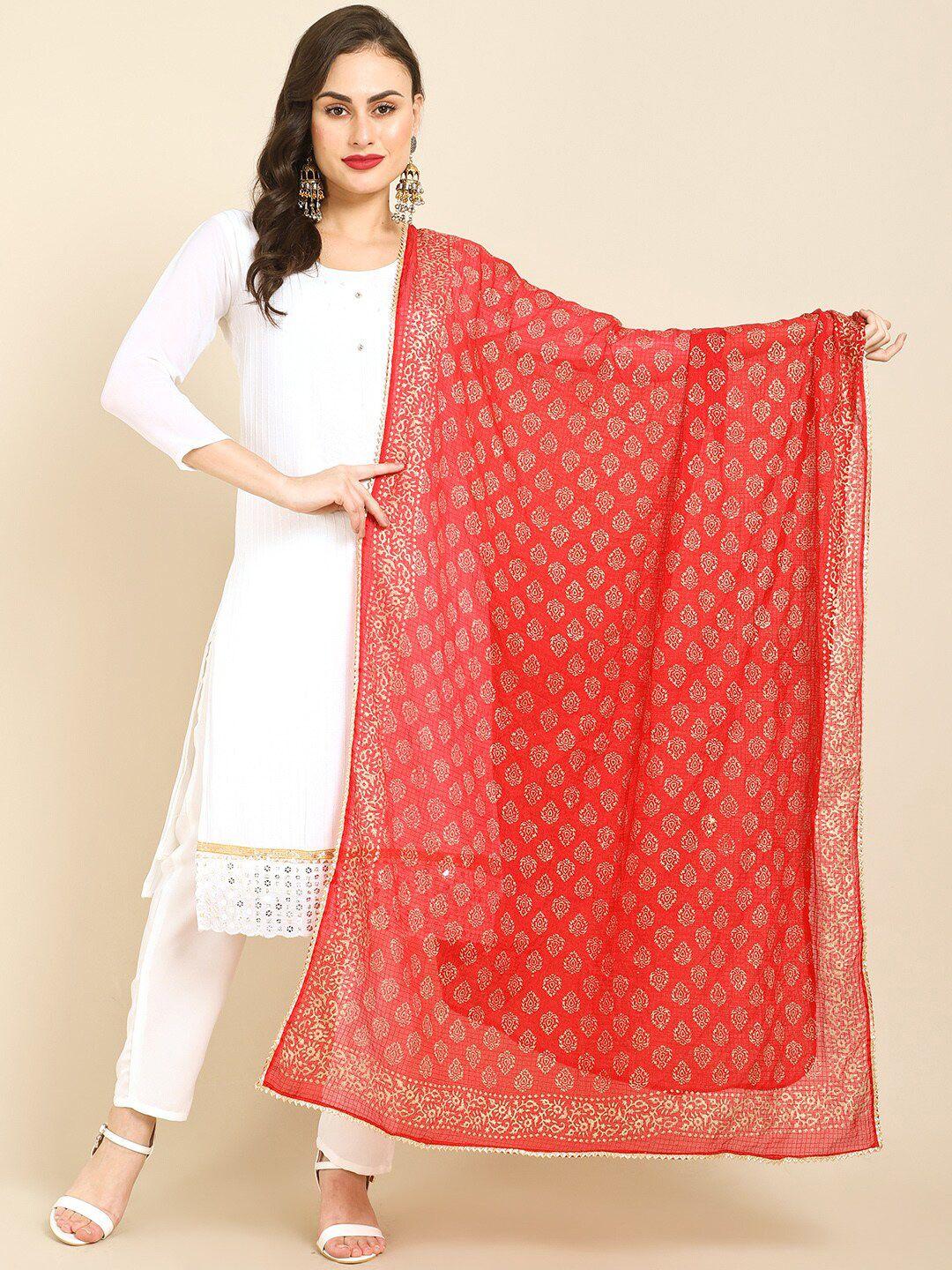 miaz lifestyle red & gold-toned printed art silk bandhani dupatta with gotta patti