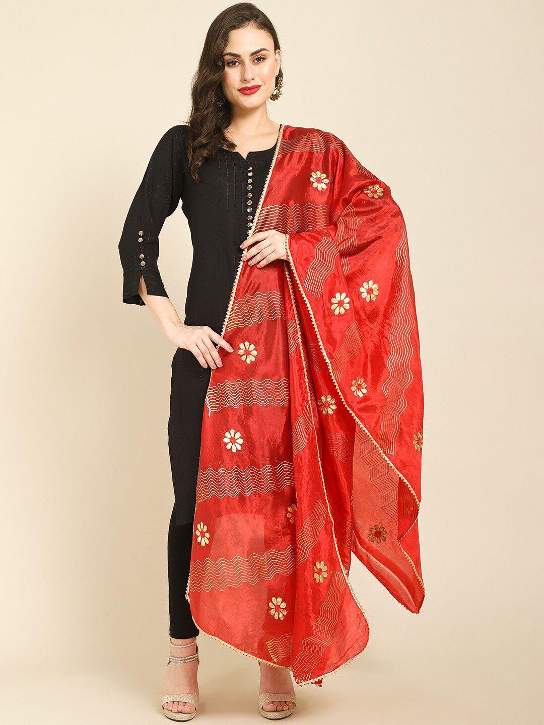 miaz lifestyle red & gold-toned printed art silk bandhani dupatta with phulkari