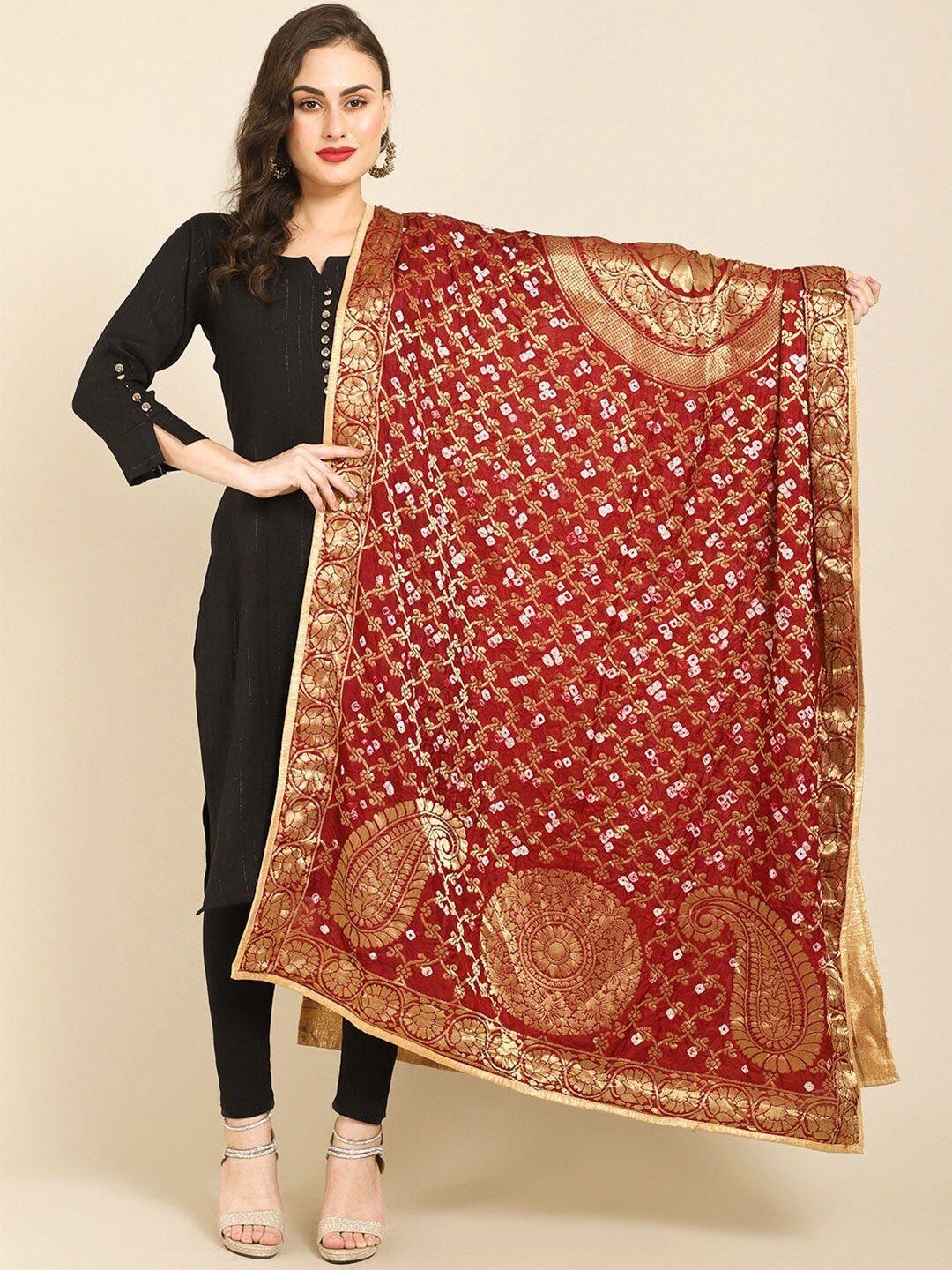 miaz lifestyle red & gold-toned printed art silk dupatta