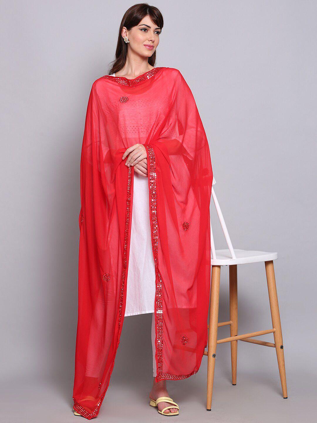 miaz lifestyle red & silver-toned ethnic motifs woven design dupatta with mirror work