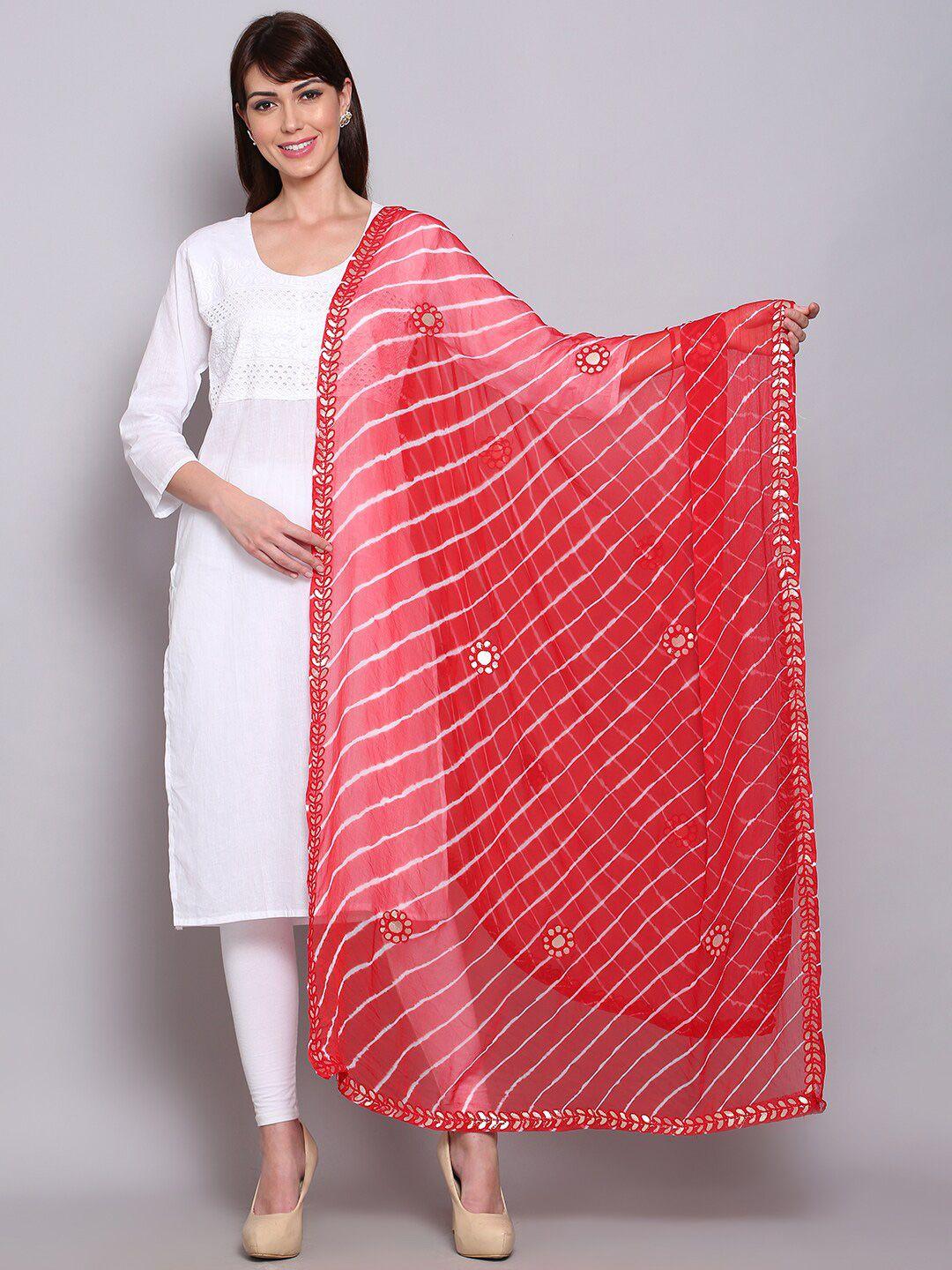 miaz lifestyle red & white printed leheriya dupatta with mirror work