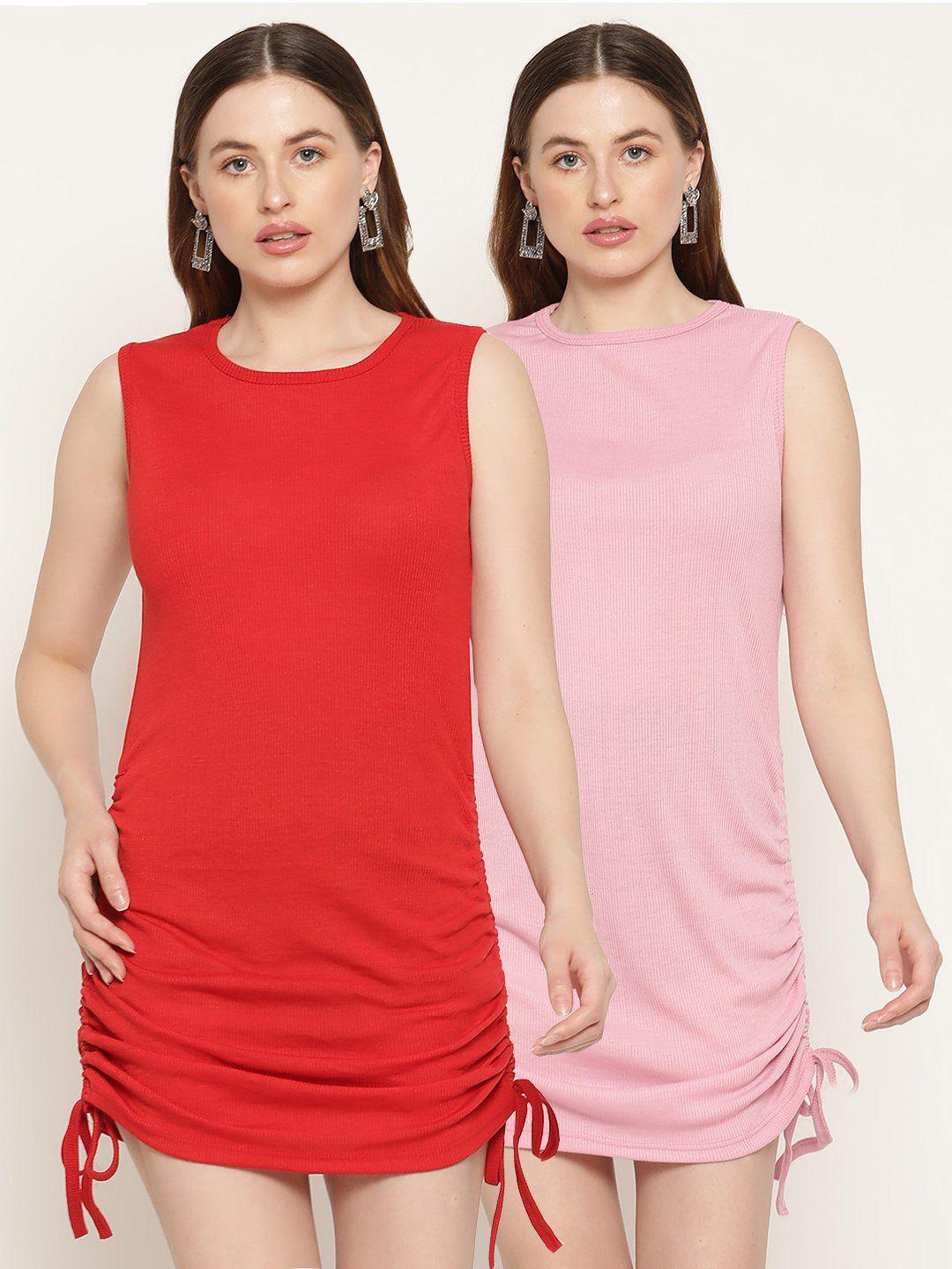 miaz lifestyle set of 2 red & pink scuba sheath mini dress