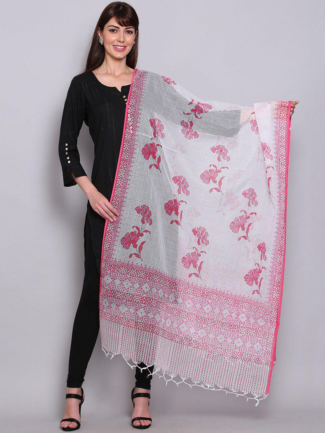 miaz lifestyle white & pink ethnic motifs printed dupatta